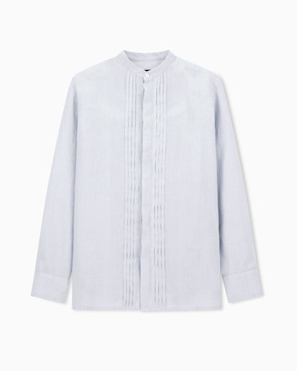 Emporio Armani Garment-dyed linen shirt with guru collar and pleated detail