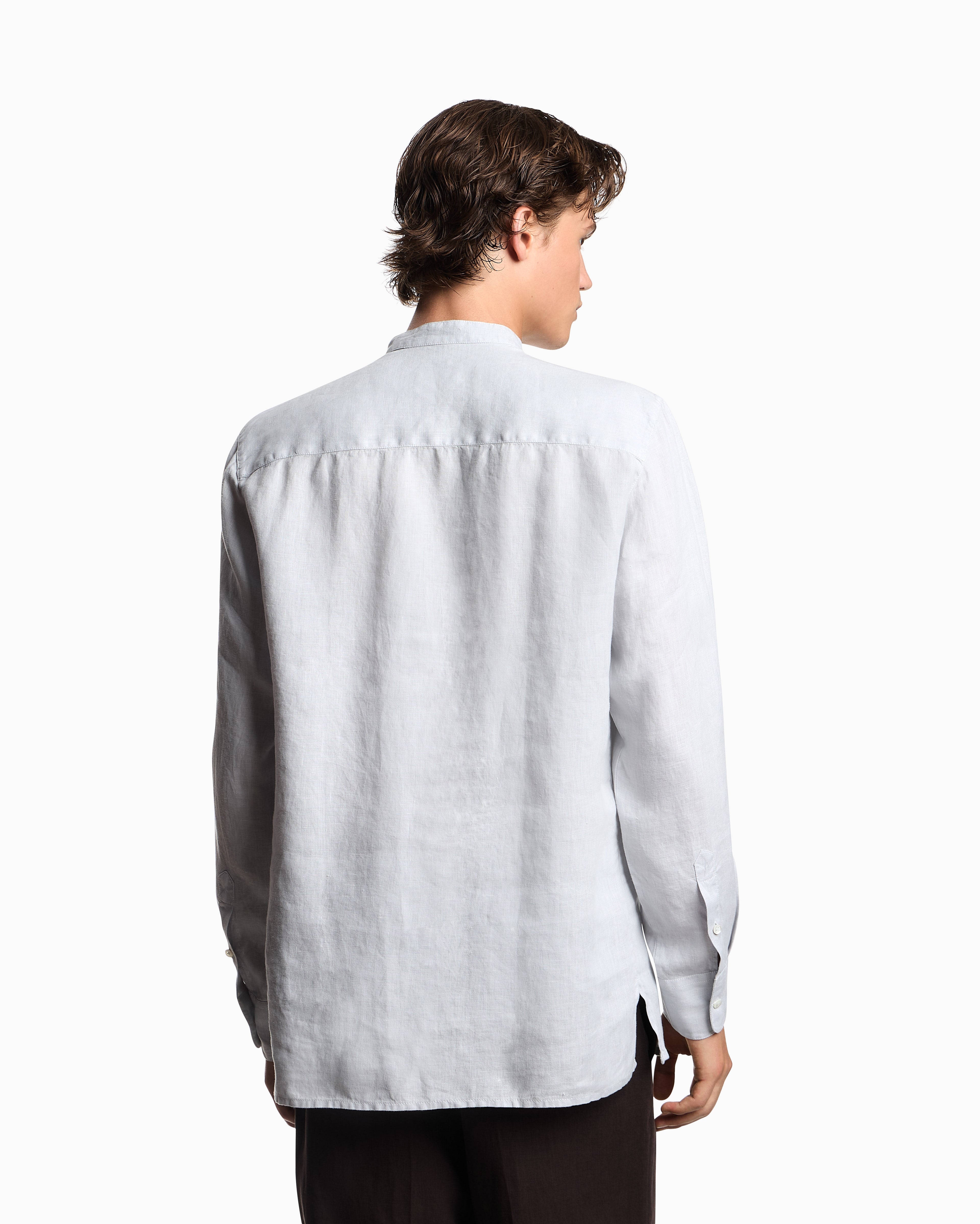 Emporio Armani Garment-dyed linen shirt with guru collar and pleated detail