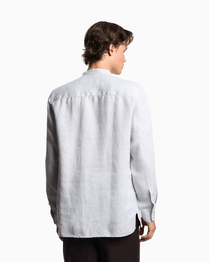 Emporio Armani Garment-dyed linen shirt with guru collar and pleated detail