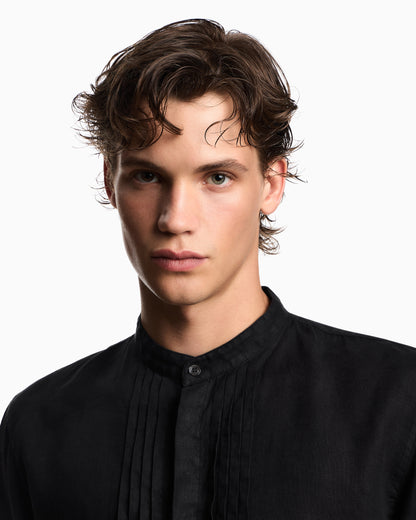 Emporio Armani Garment-dyed linen shirt with guru collar and pleated detail
