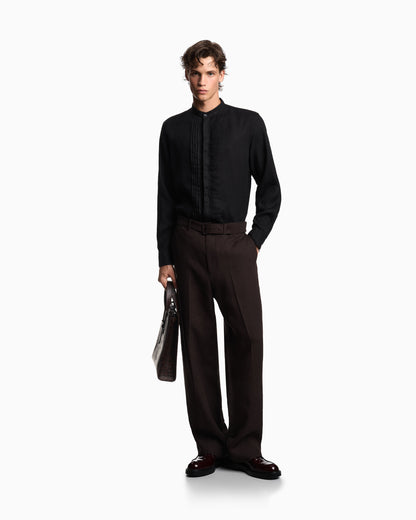 Emporio Armani Garment-dyed linen shirt with guru collar and pleated detail
