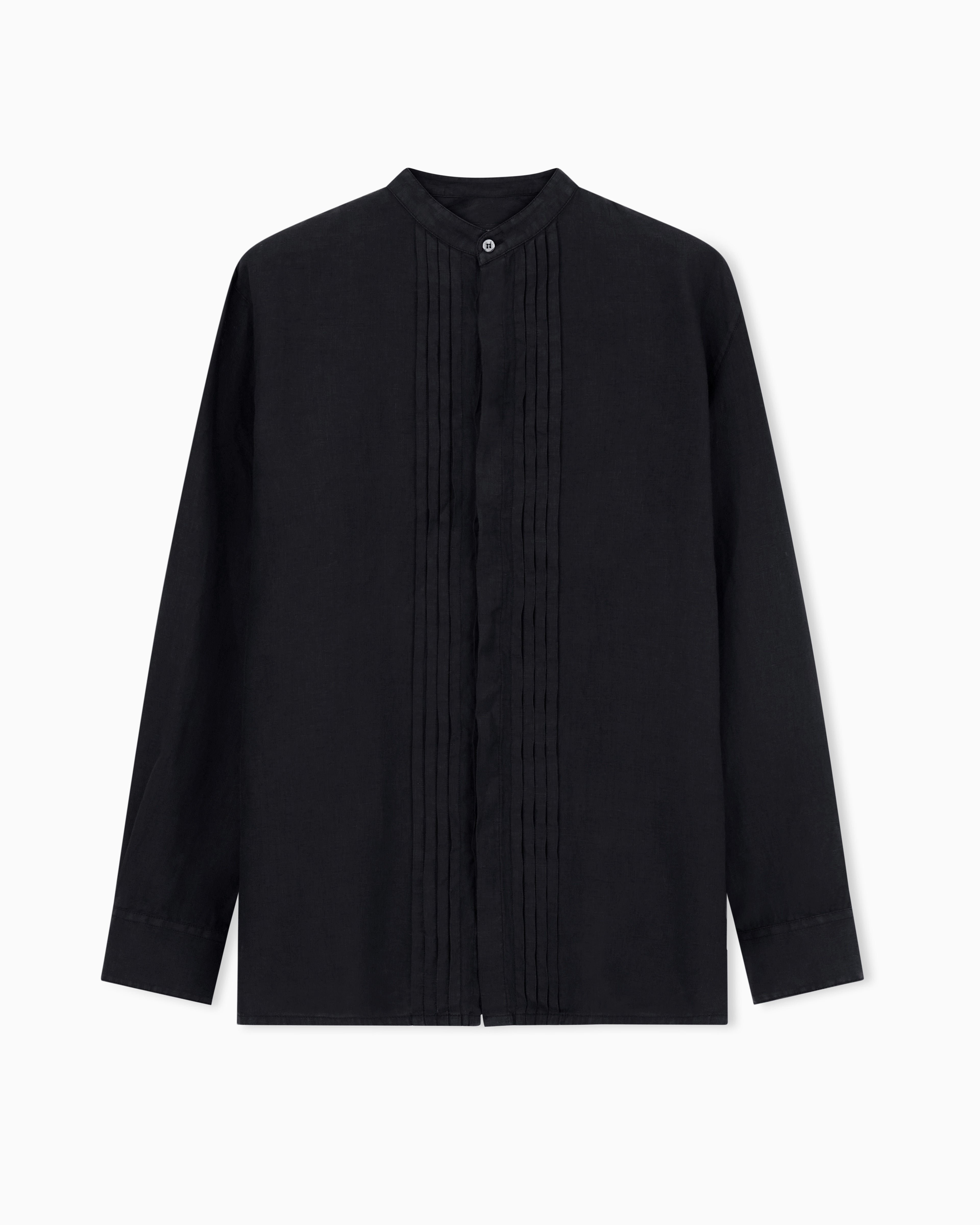 Emporio Armani Garment-dyed linen shirt with guru collar and pleated detail
