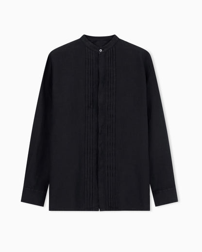 Emporio Armani Garment-dyed linen shirt with guru collar and pleated detail