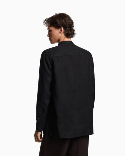 Emporio Armani Garment-dyed linen shirt with guru collar and pleated detail