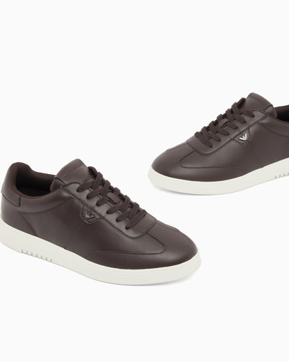 Emporio Armani Leather Sneakers With Eagle Plate Brown