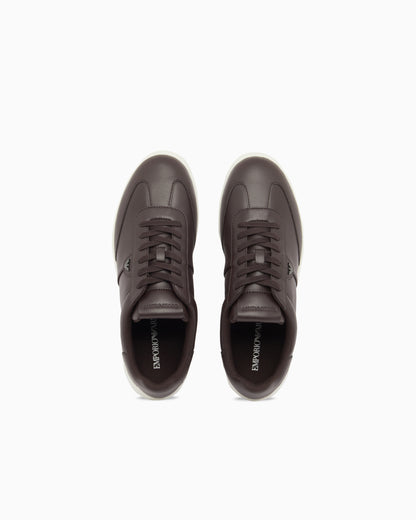 Emporio Armani Leather Sneakers With Eagle Plate Brown