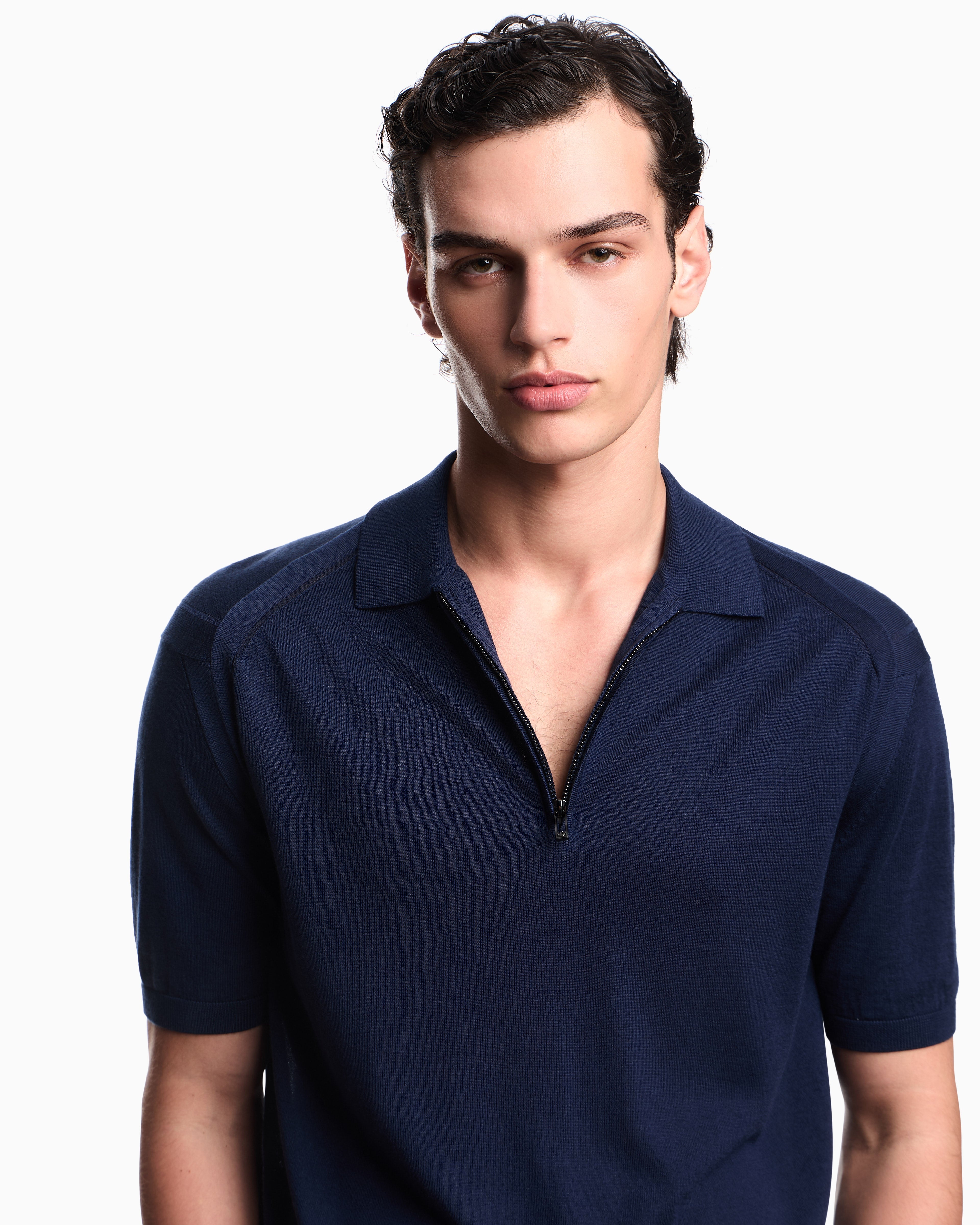 Emporio Armani ASV plain-knit jumper with polo-shirt collar, in a wool and Lyocell blend