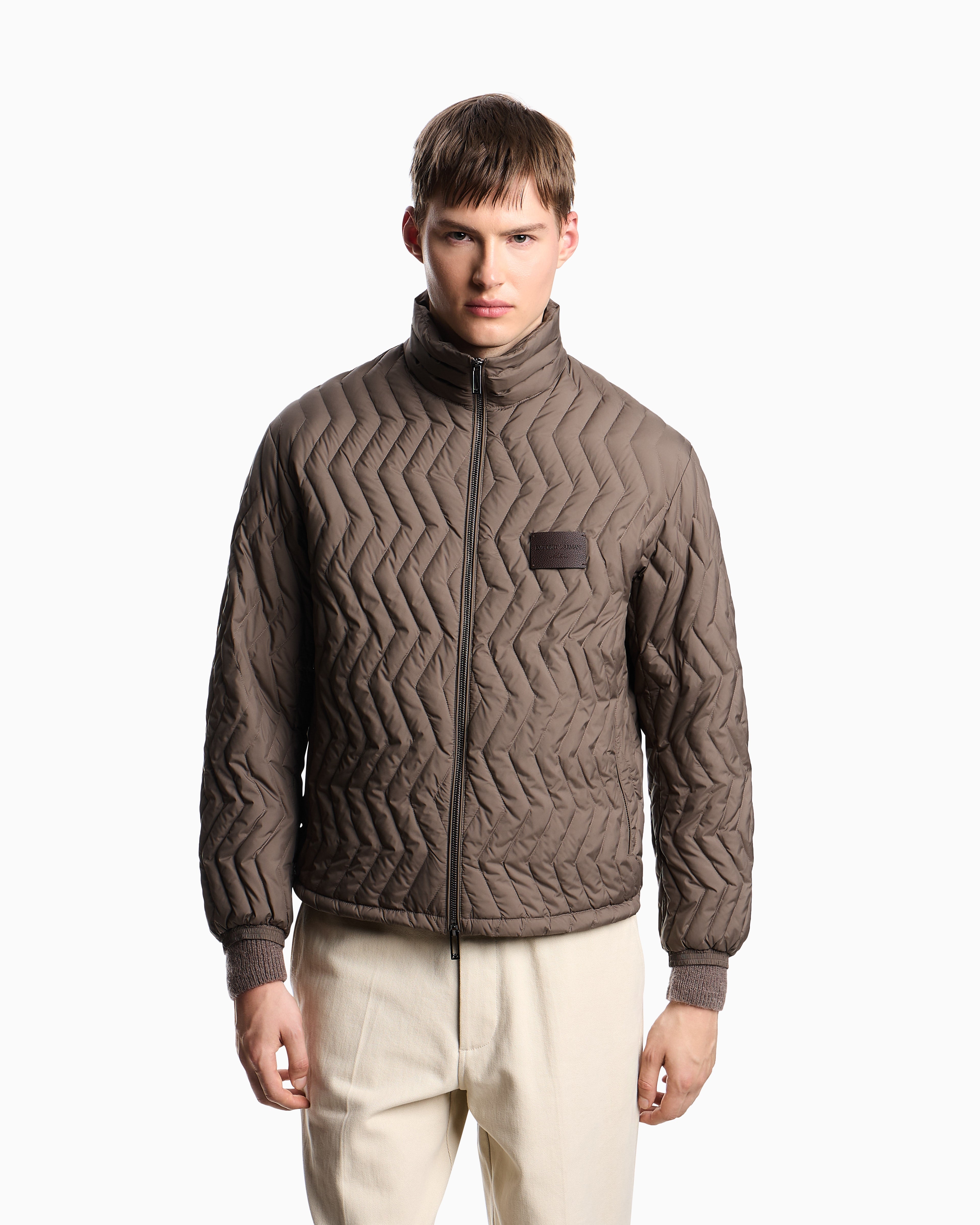 Emporio Armani Full-zip down jacket in chevron quilted ripstop nylon