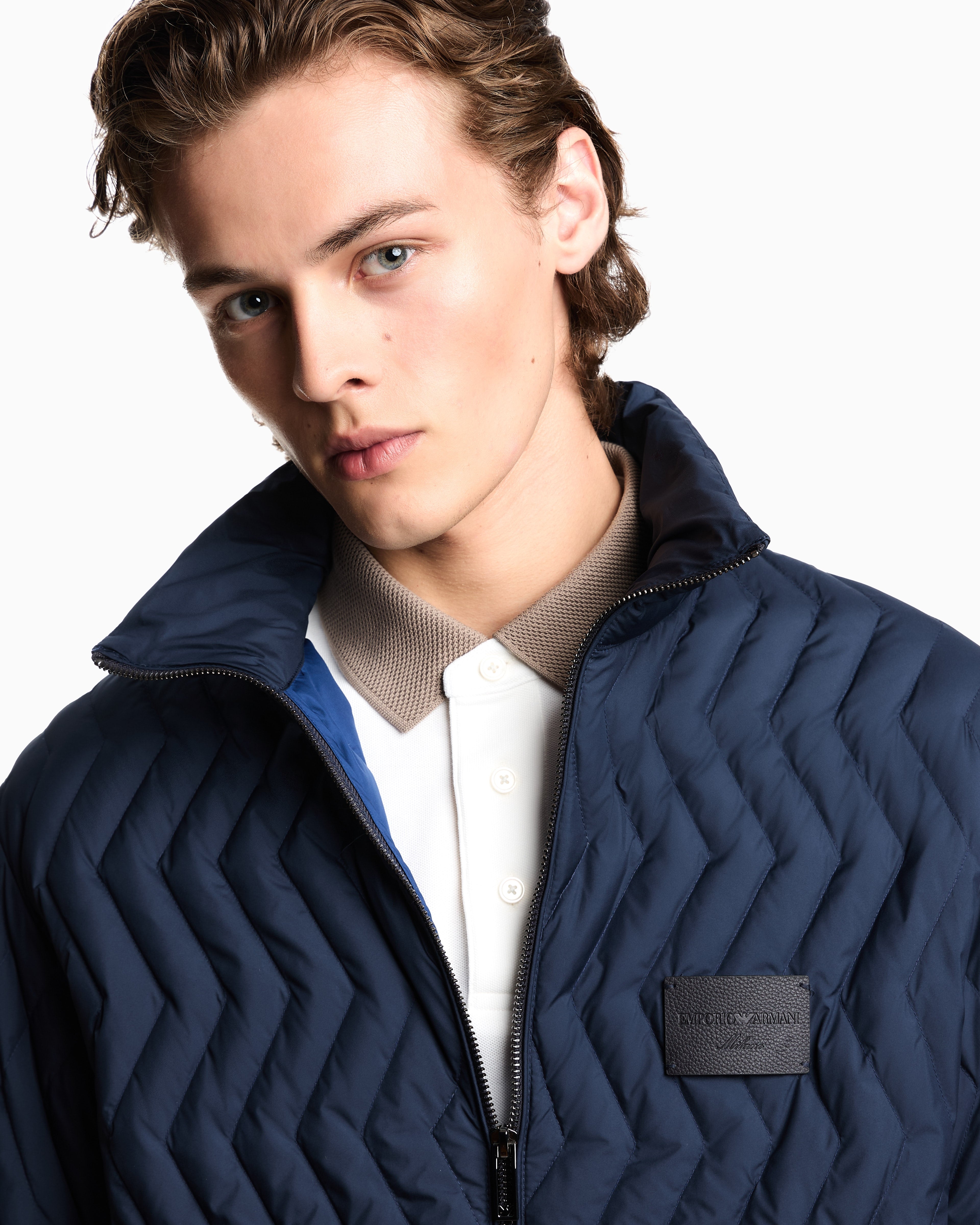 Emporio Armani Full-zip down jacket in chevron quilted ripstop nylon