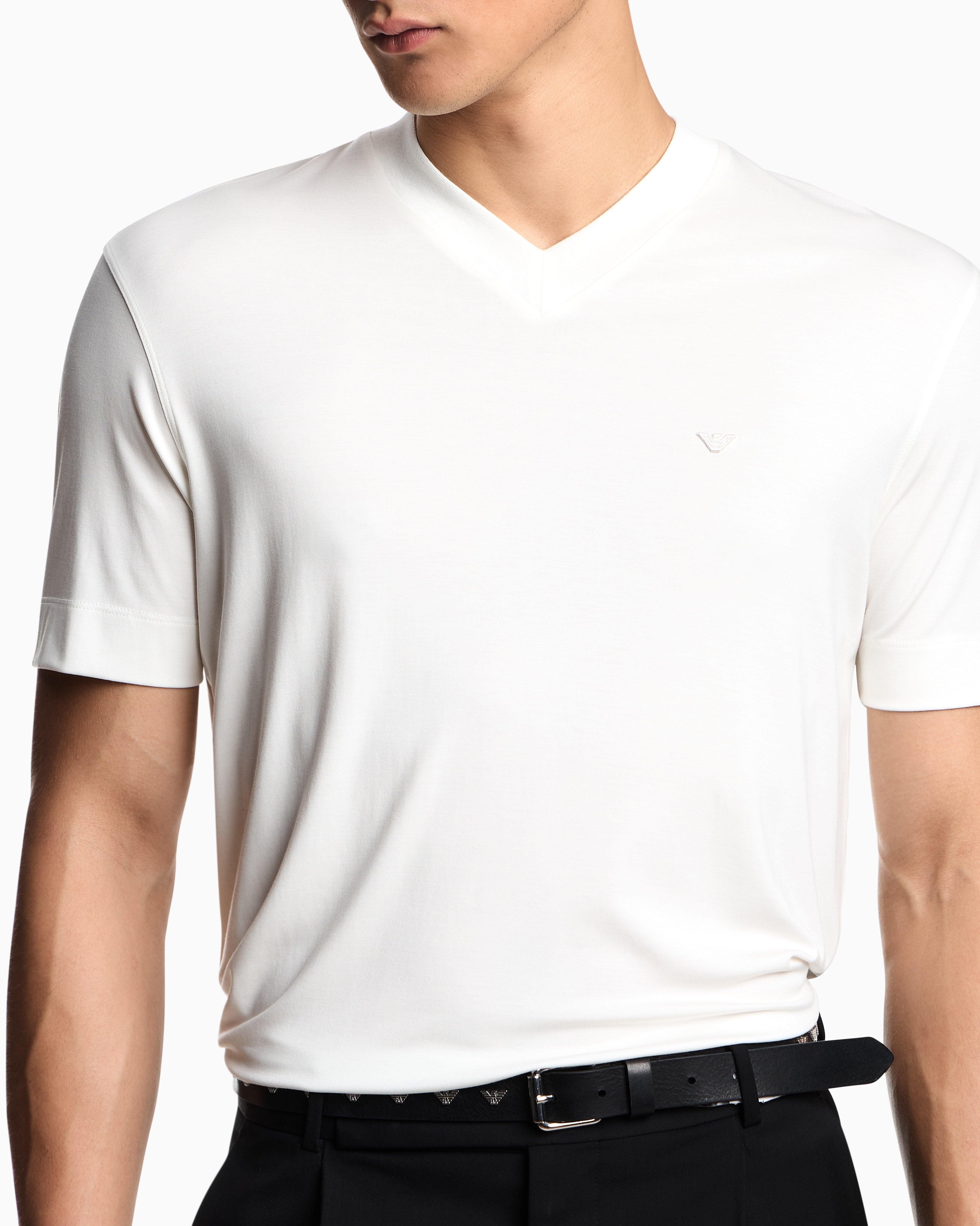 Emporio Armani Modal jersey V-neck T-shirt with micro eagle embroidery