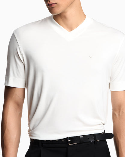 Emporio Armani Modal jersey V-neck T-shirt with micro eagle embroidery