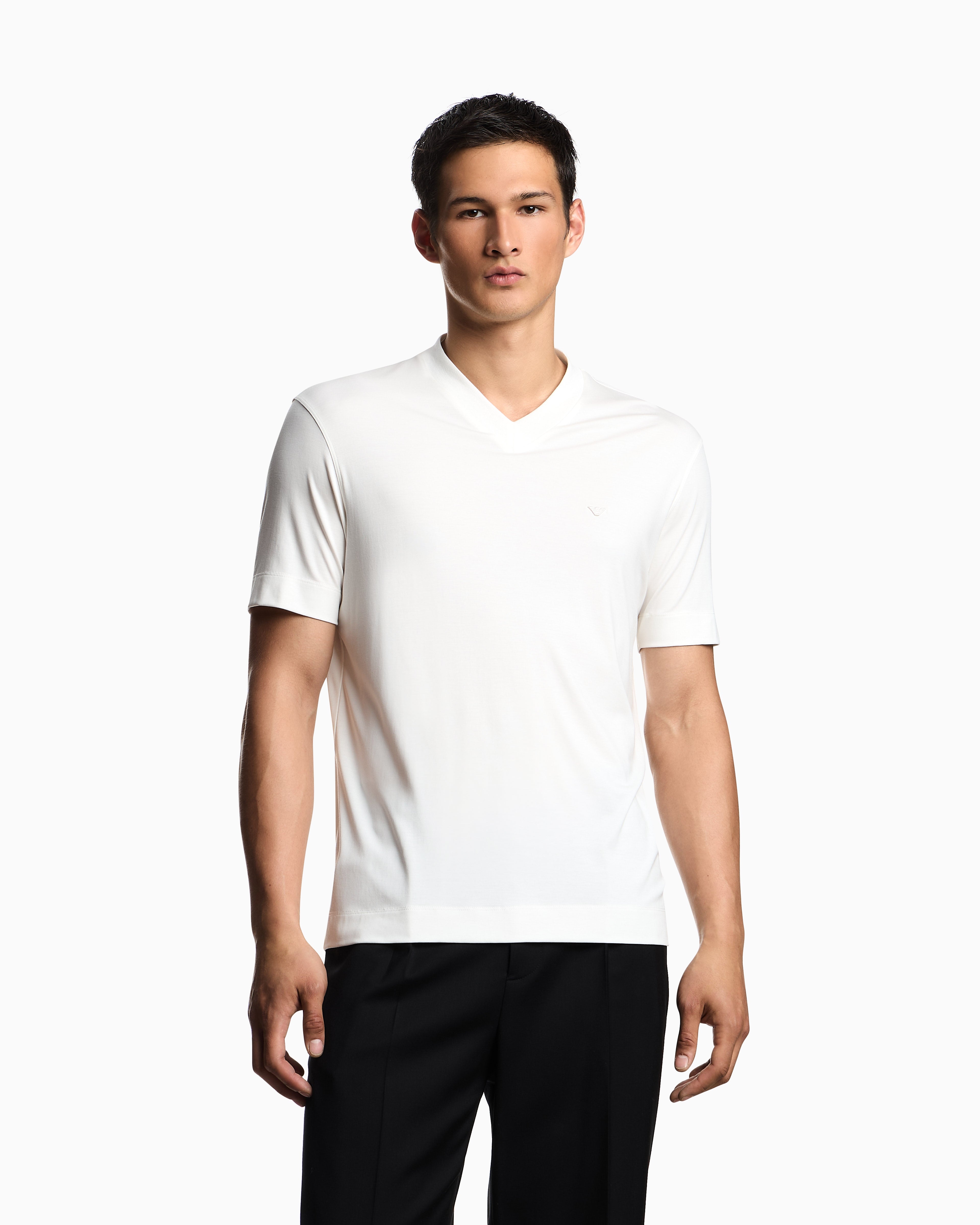 Emporio Armani Modal jersey V-neck T-shirt with micro eagle embroidery