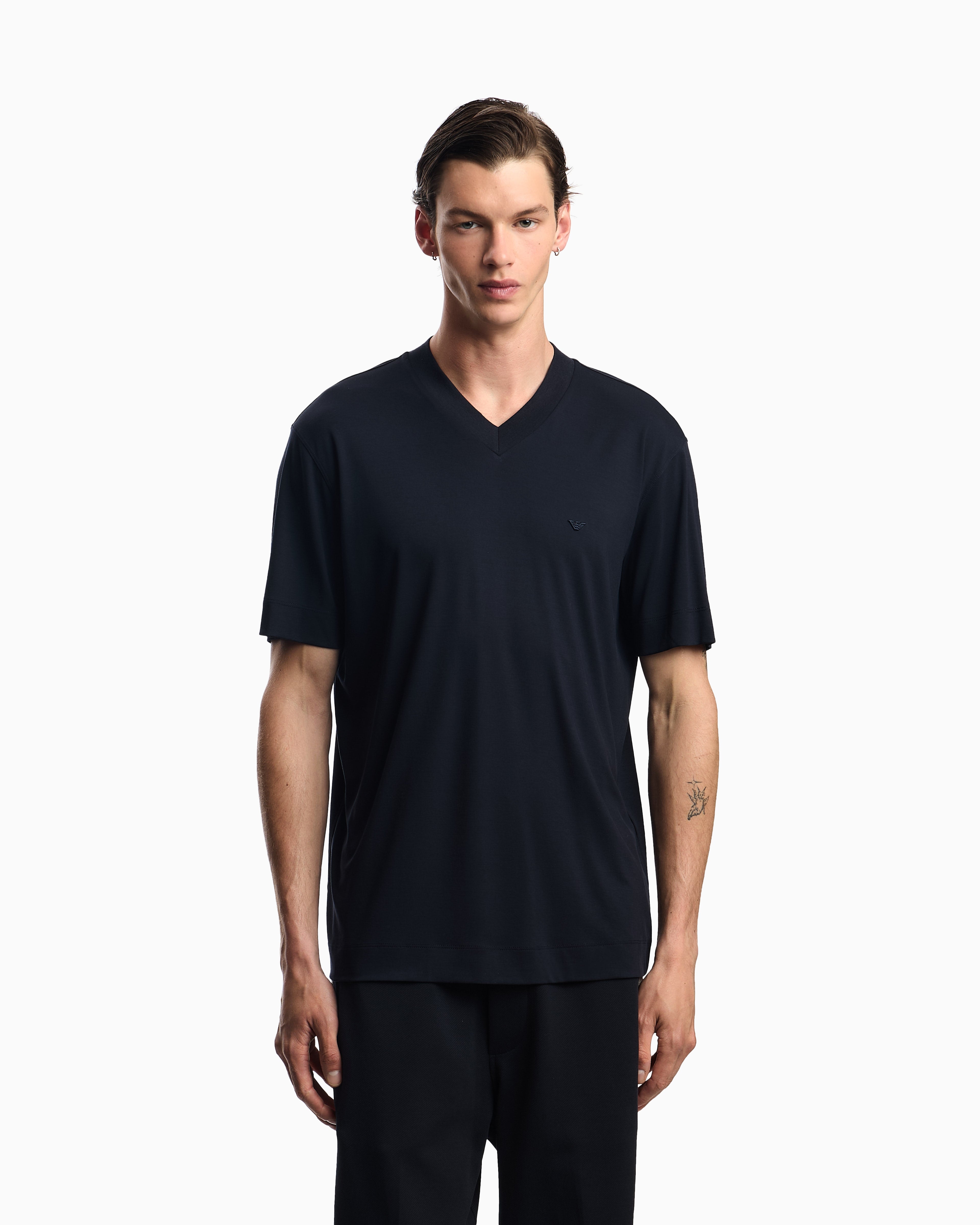 Emporio Armani Modal jersey V-neck T-shirt with micro eagle embroidery