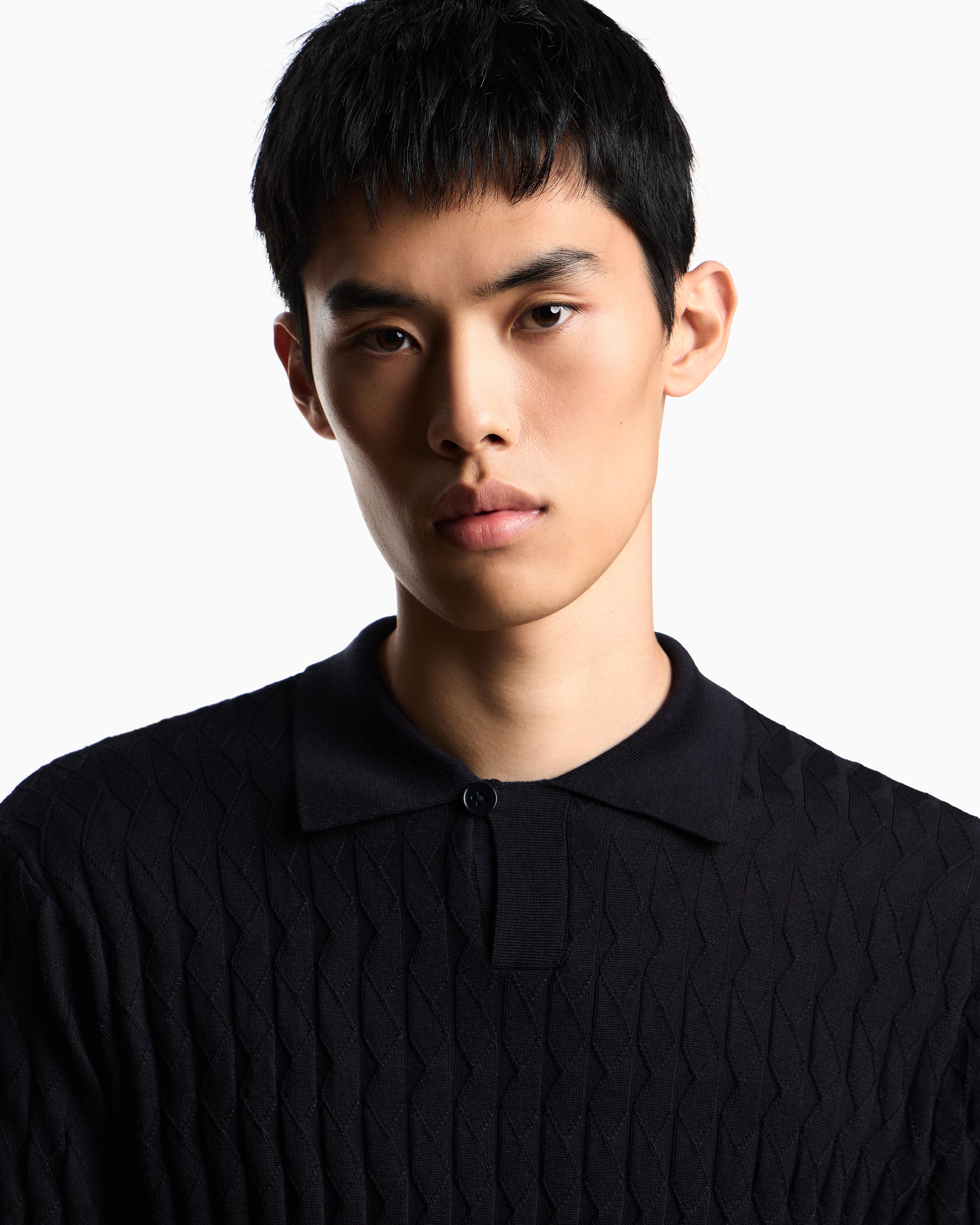 Emporio Armani ASV Lyocell-blend jumper with polo-shirt collar in an embossed, patterned stitch