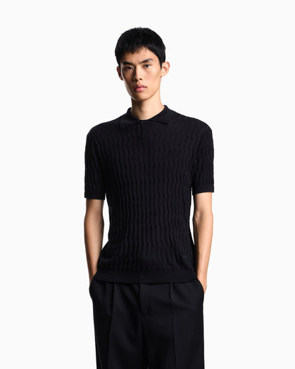 Emporio Armani ASV Lyocell-blend jumper with polo-shirt collar in an embossed, patterned stitch