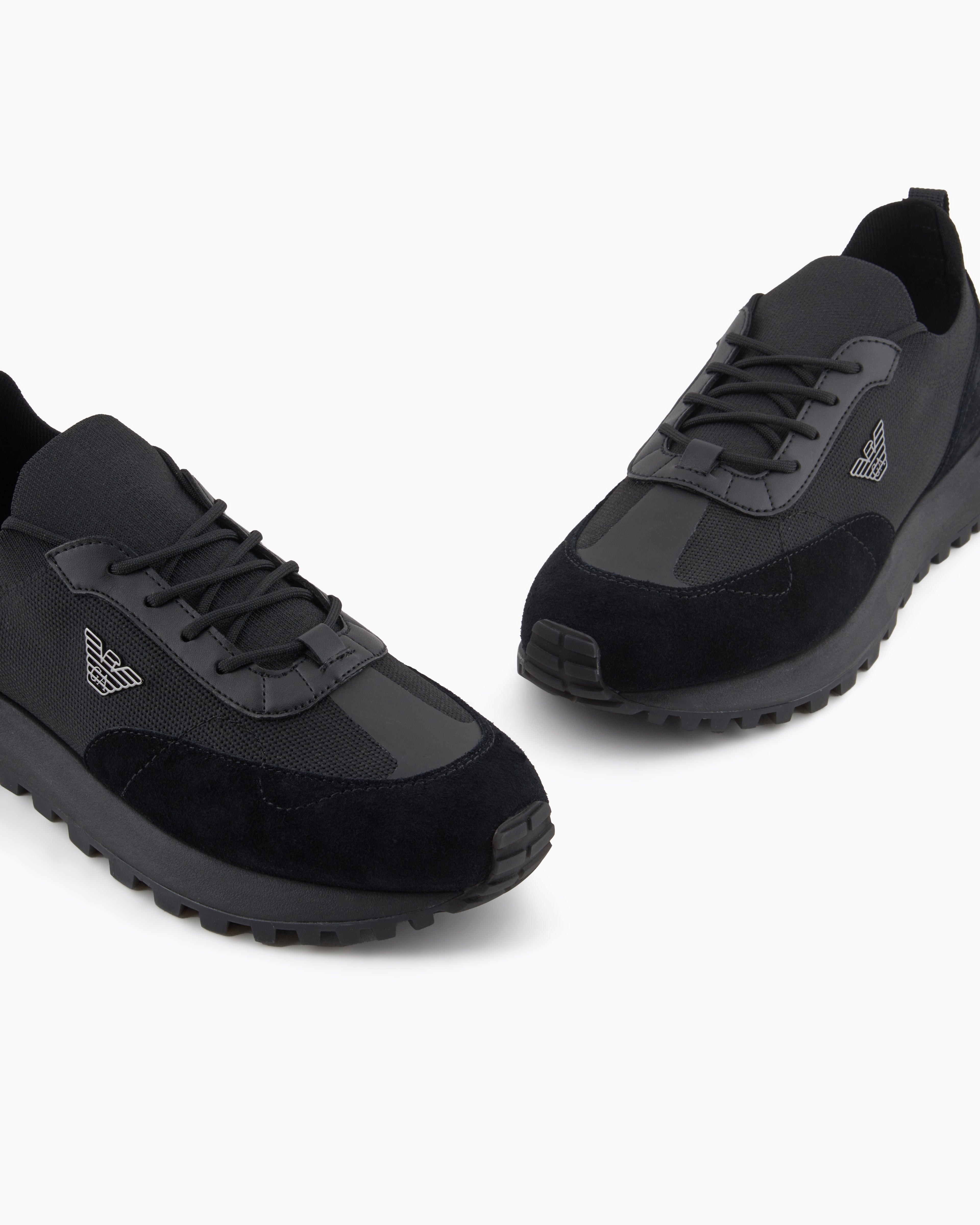 Emporio Armani Low-Top Sneakers In Suede And Mesh With A Rubber Sole Black
