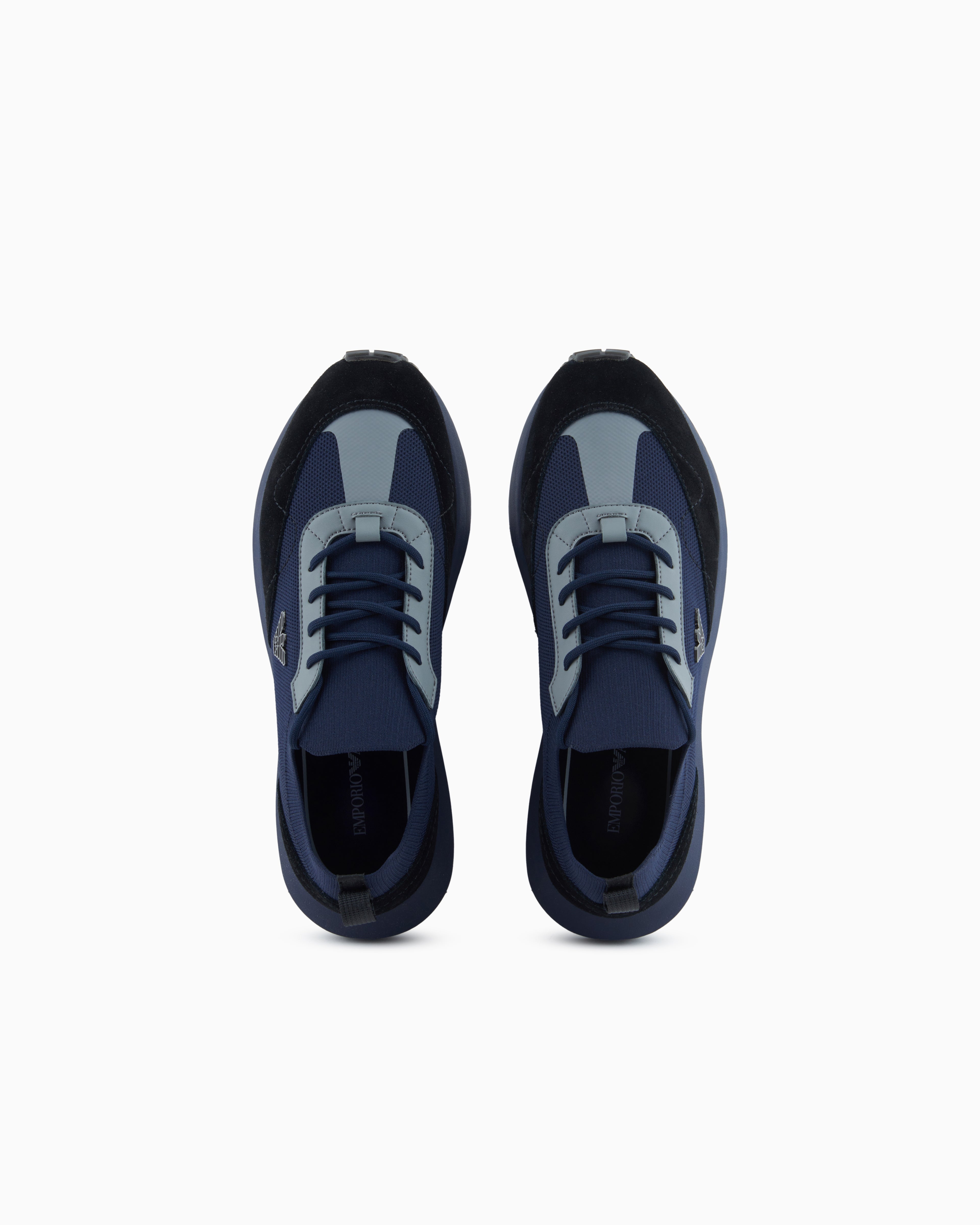 Emporio Armani Low-Top Sneakers In Suede And Mesh With A Rubber Sole Blue