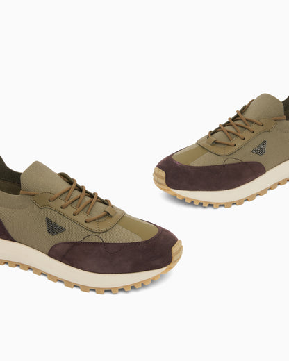 Emporio Armani Low-Top Sneakers In Suede And Mesh With A Rubber Sole Green