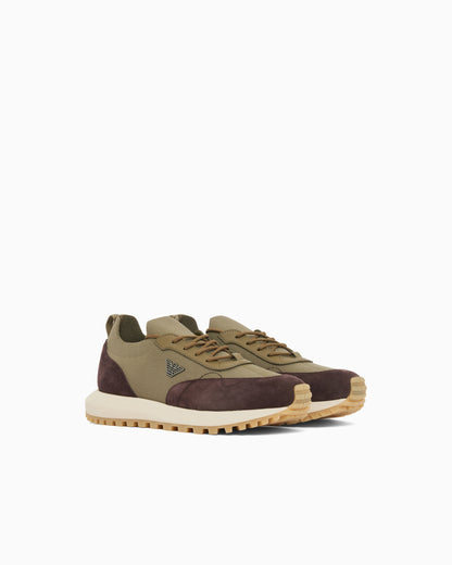 Emporio Armani Low-Top Sneakers In Suede And Mesh With A Rubber Sole Green