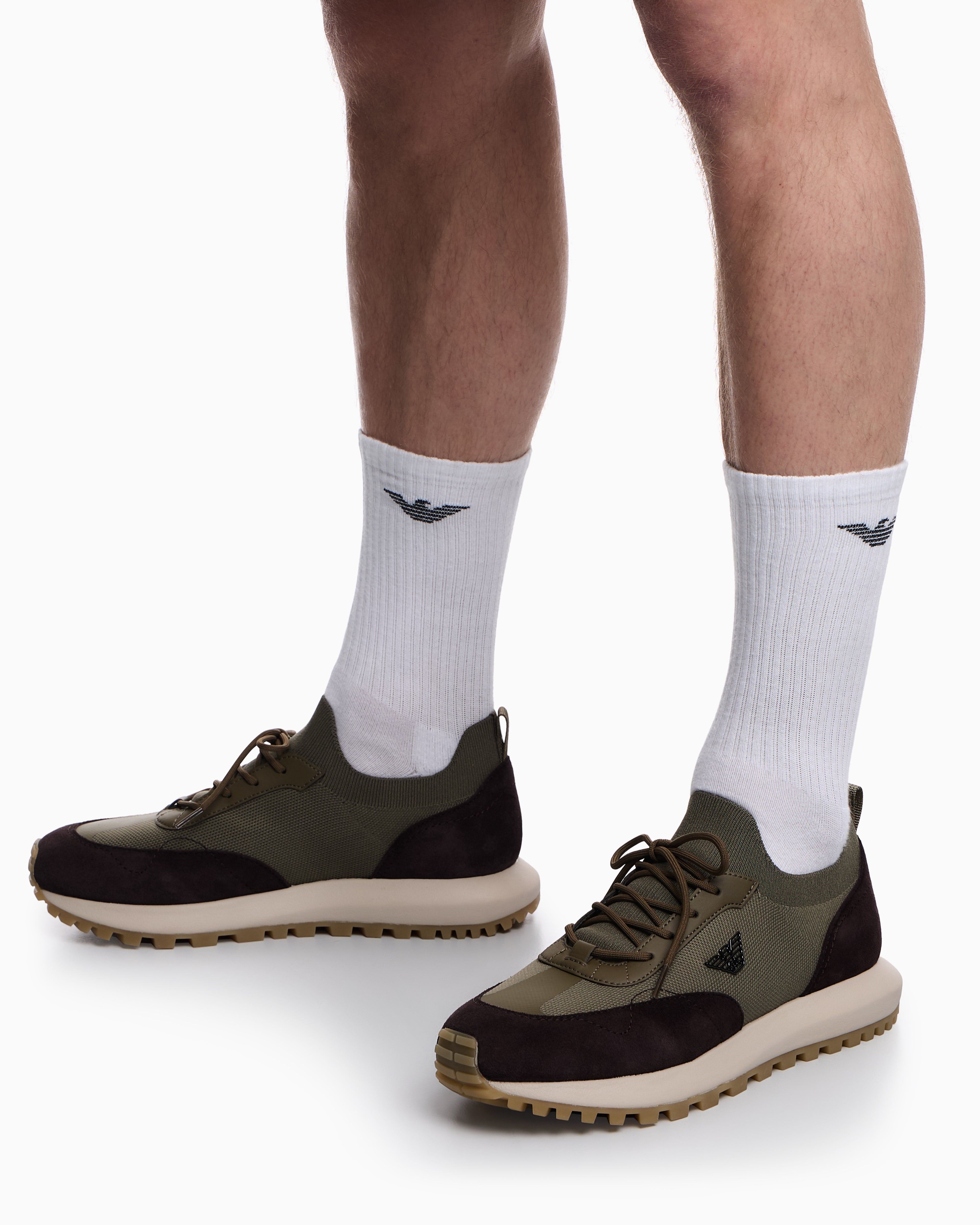 Emporio Armani Low-Top Sneakers In Suede And Mesh With A Rubber Sole Green