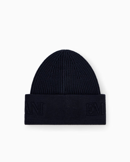 Emporio Armani Beanie hat in ribbed virgin wool with embossed logo on cuff