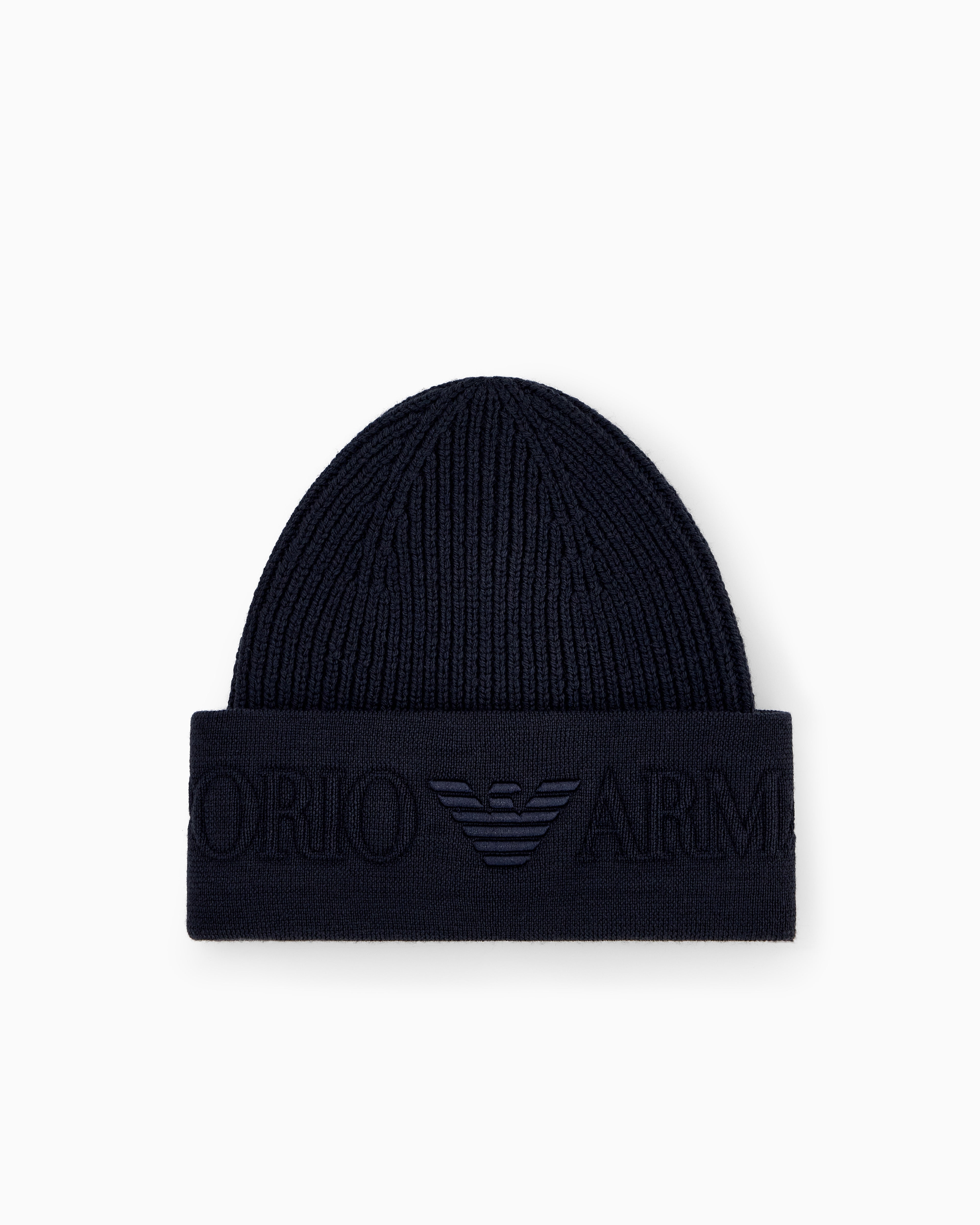 Emporio Armani Beanie hat in ribbed virgin wool with embossed logo on cuff