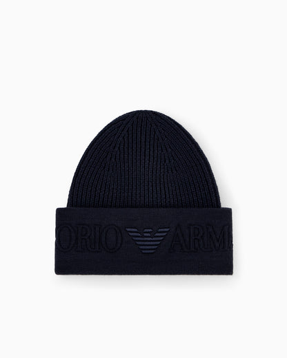 Emporio Armani Beanie hat in ribbed virgin wool with embossed logo on cuff