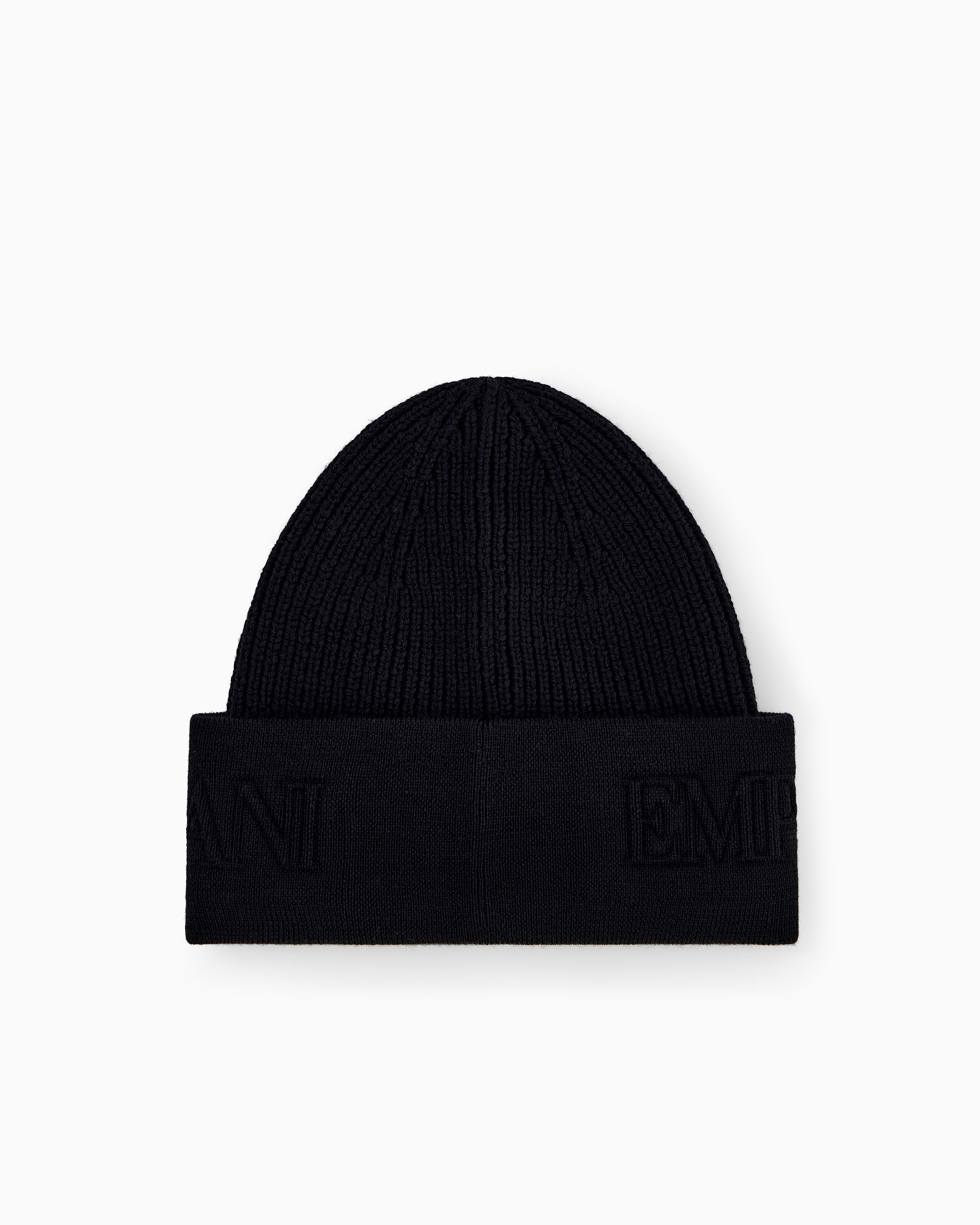 Emporio Armani Beanie hat in ribbed virgin wool with embossed logo on cuff
