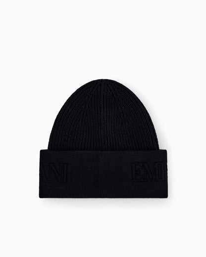 Emporio Armani Beanie hat in ribbed virgin wool with embossed logo on cuff