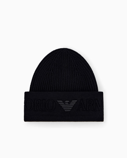 Emporio Armani Beanie hat in ribbed virgin wool with embossed logo on cuff
