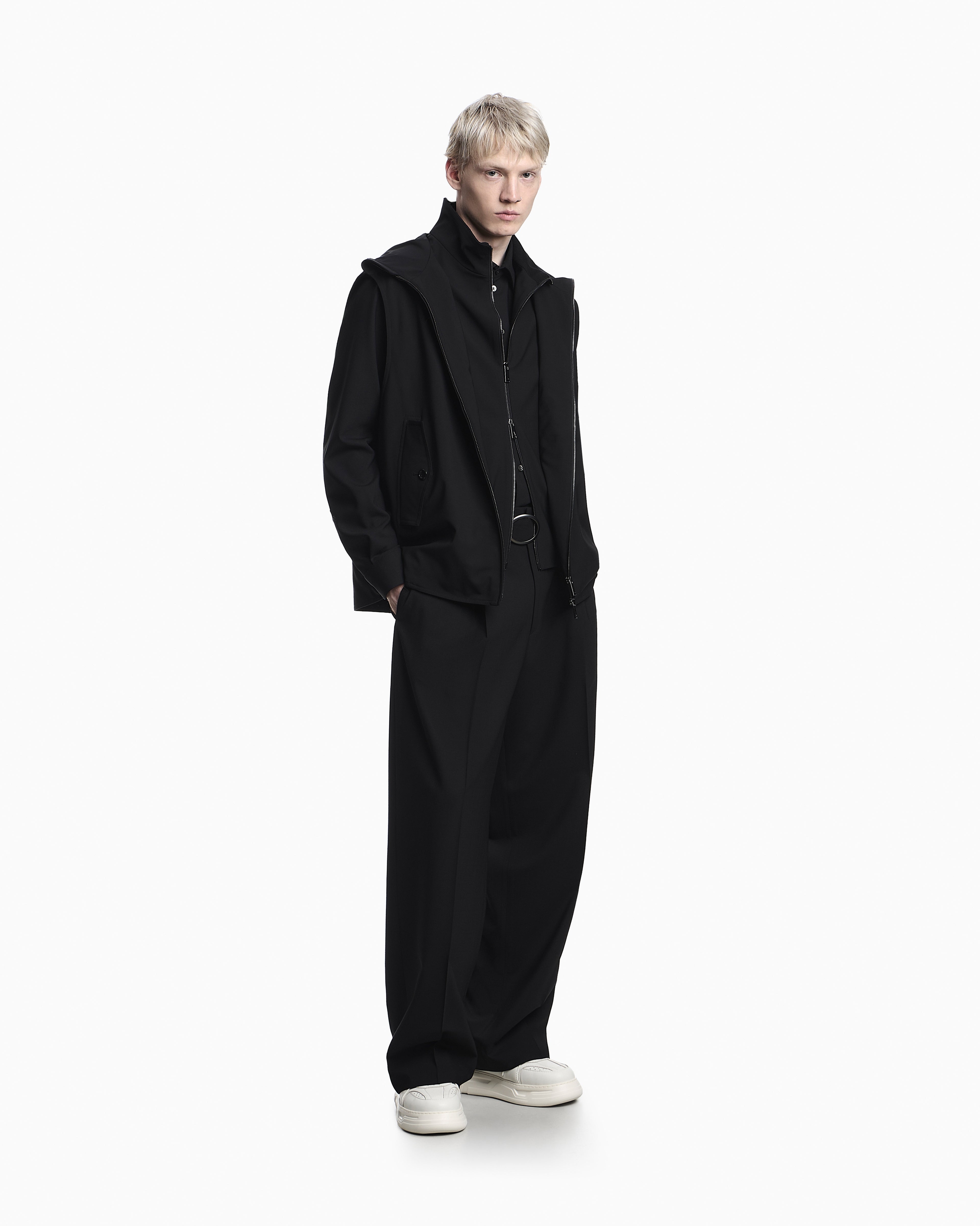 Emporio Armani Hooded sleeveless jacket in compact stretch wool canvas