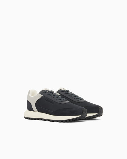 Emporio Armani Cordura Sneakers With Suede Details And Side Logo Navy Blue