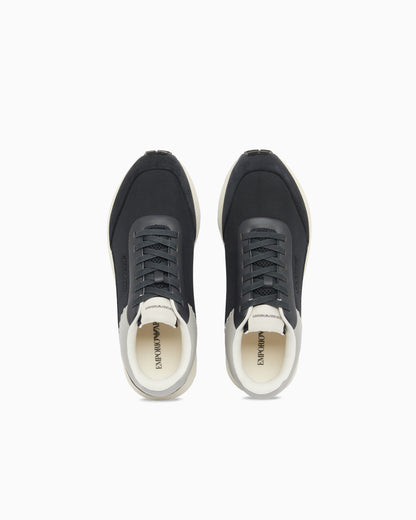 Emporio Armani Cordura Sneakers With Suede Details And Side Logo Navy Blue