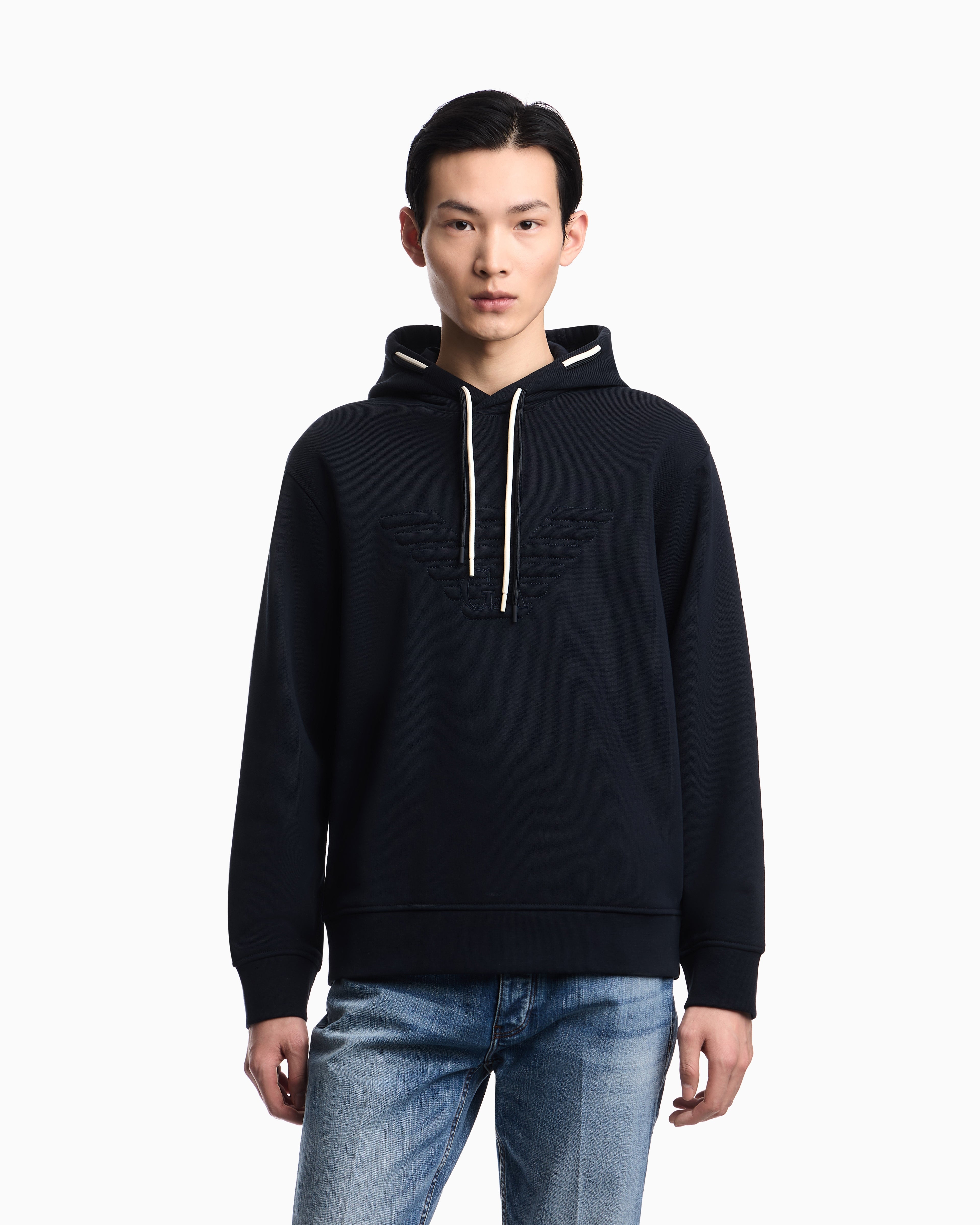 Emporio Armani Loose-fit hooded sweatshirt in French terry jersey with a domed eagle
