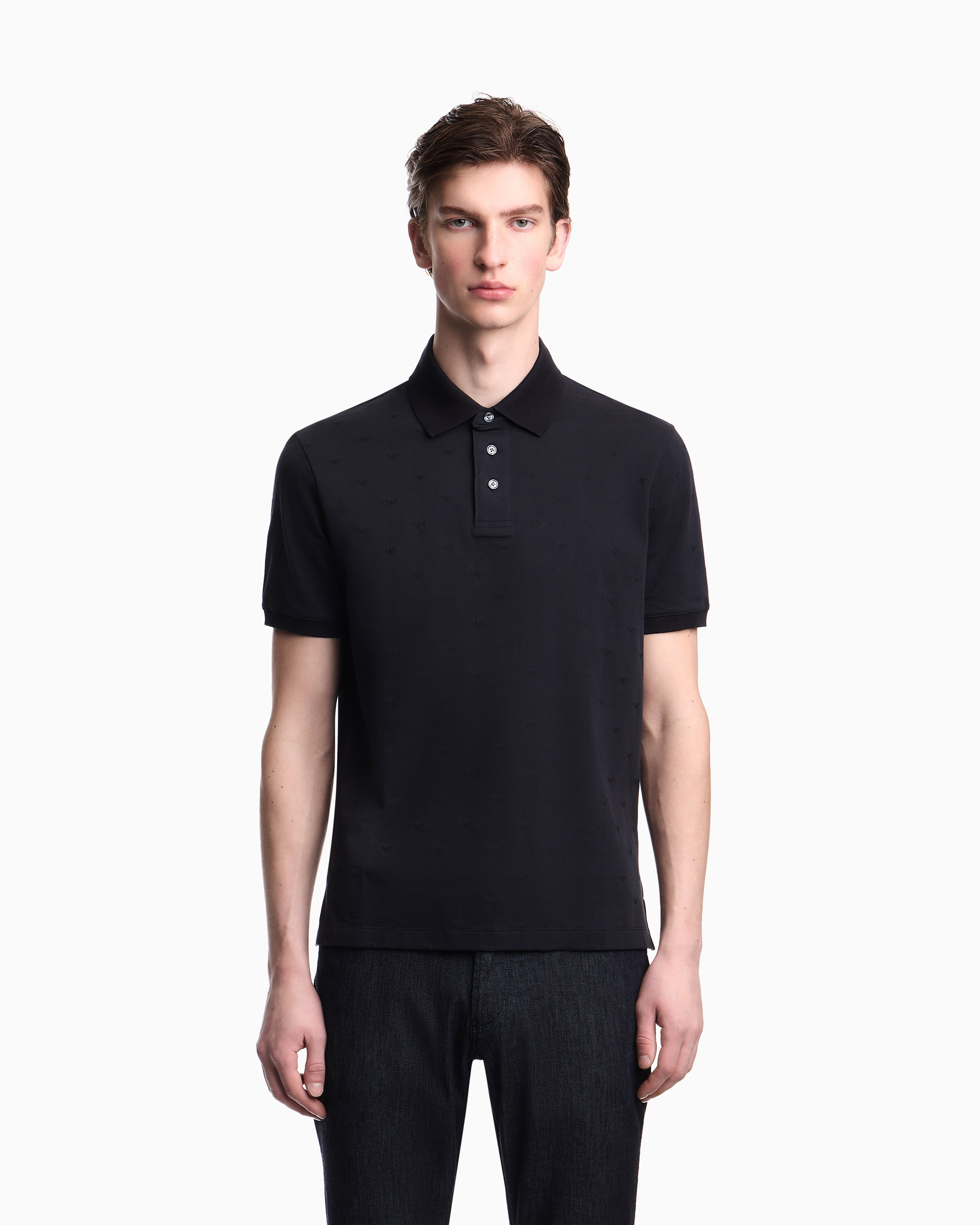 Emporio Armani Slim-fit jersey polo shirt with all-over jacquard eagle