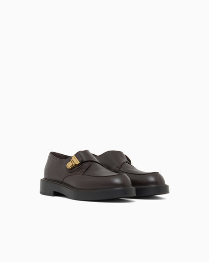 Emporio Armani Icon Pebbled Leather Chunky Monk Straps Brown