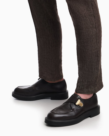 Emporio Armani Icon Pebbled Leather Chunky Monk Straps Brown