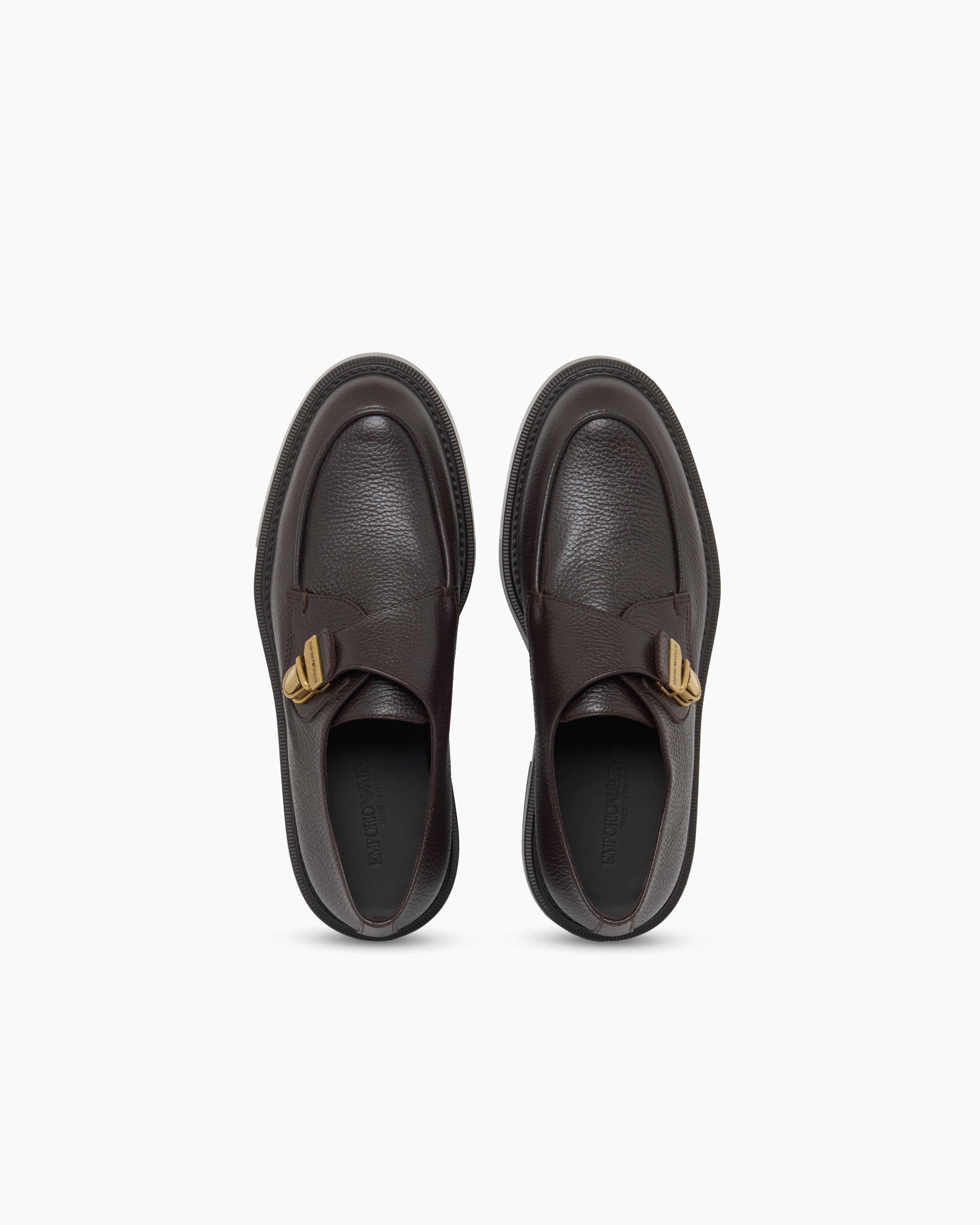 Emporio Armani Icon Pebbled Leather Chunky Monk Straps Brown