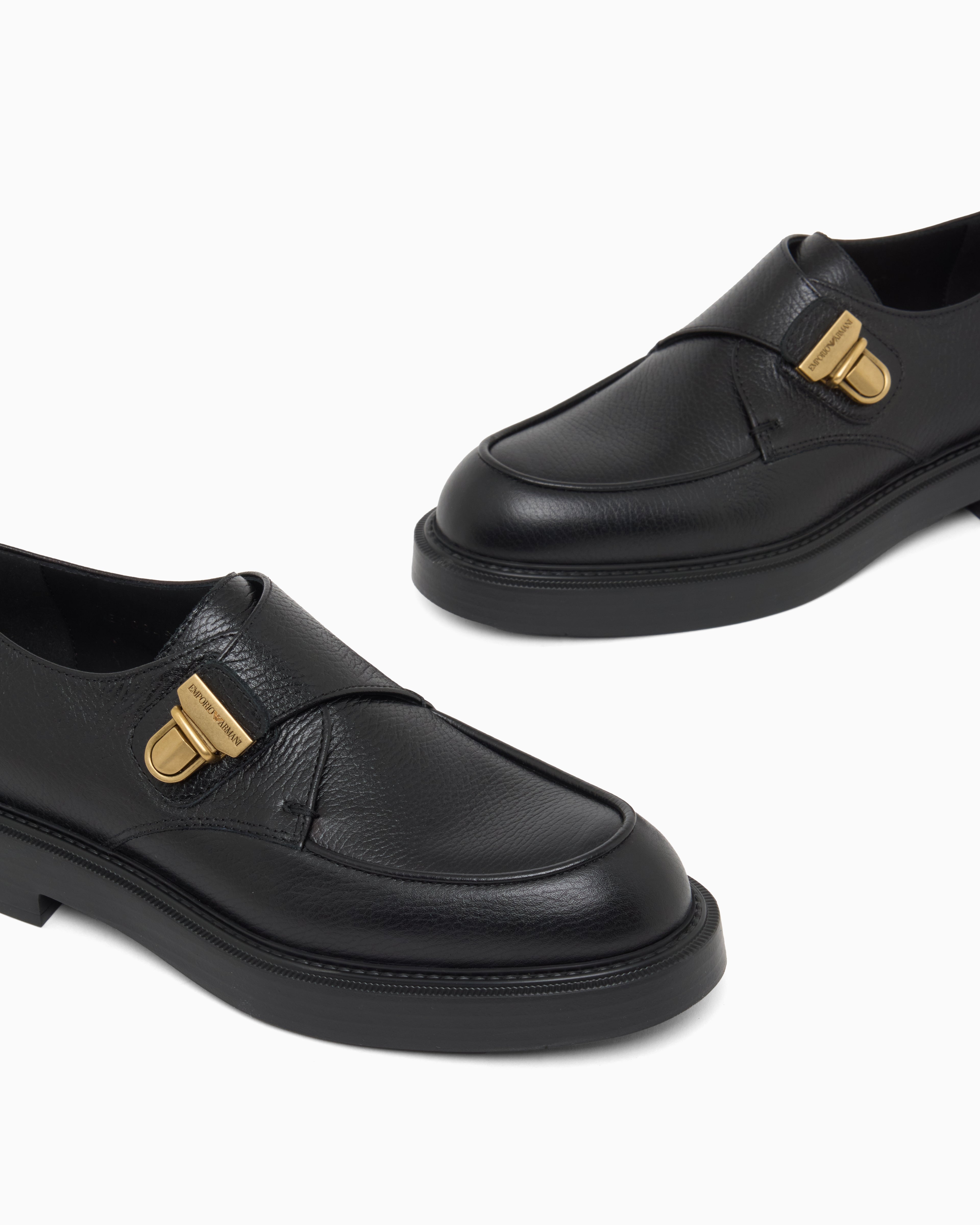 Emporio Armani Icon Pebbled Leather Chunky Monk Straps Black