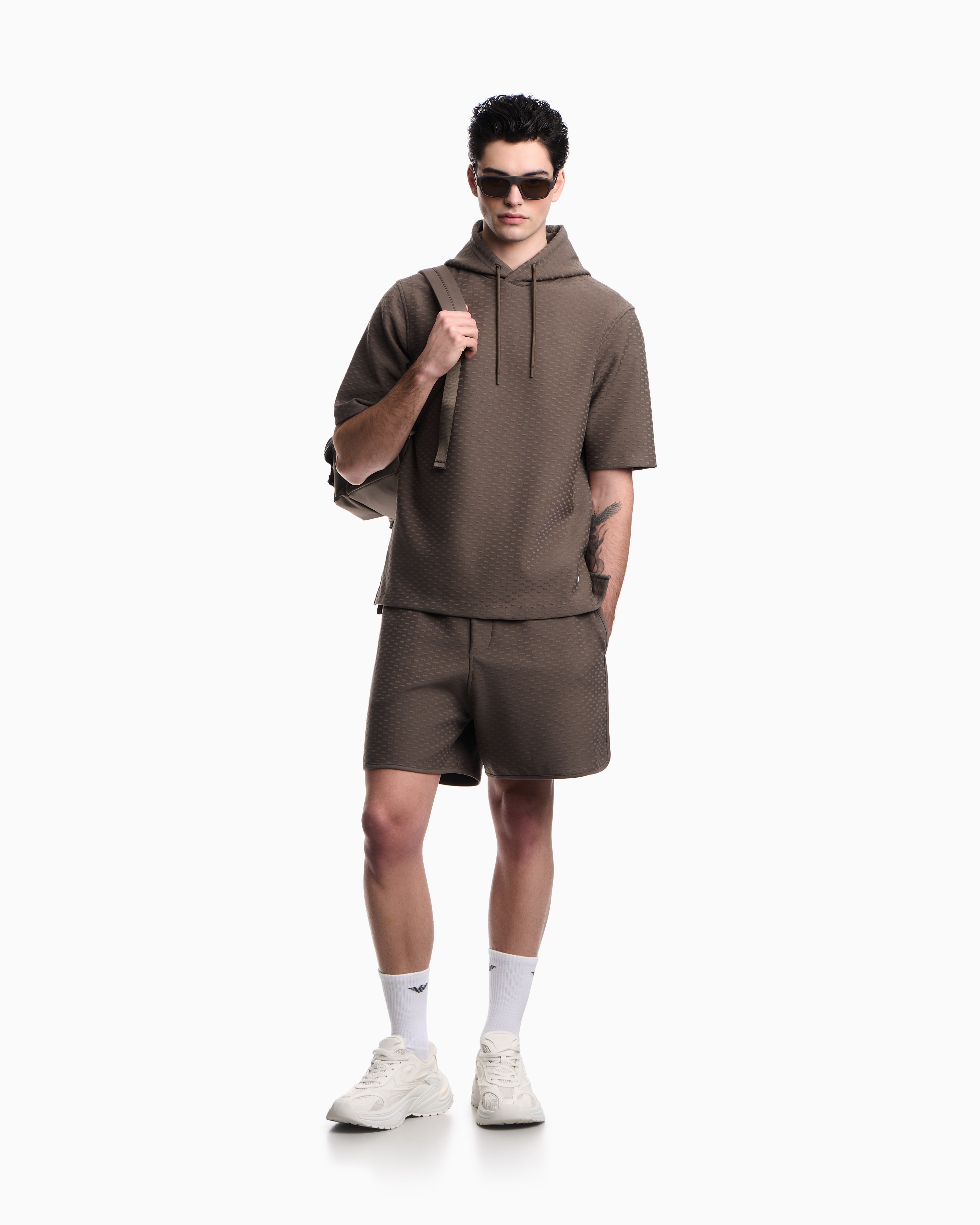 Emporio Armani Jacquard jersey hooded sweatshirt with all-over micro eagle