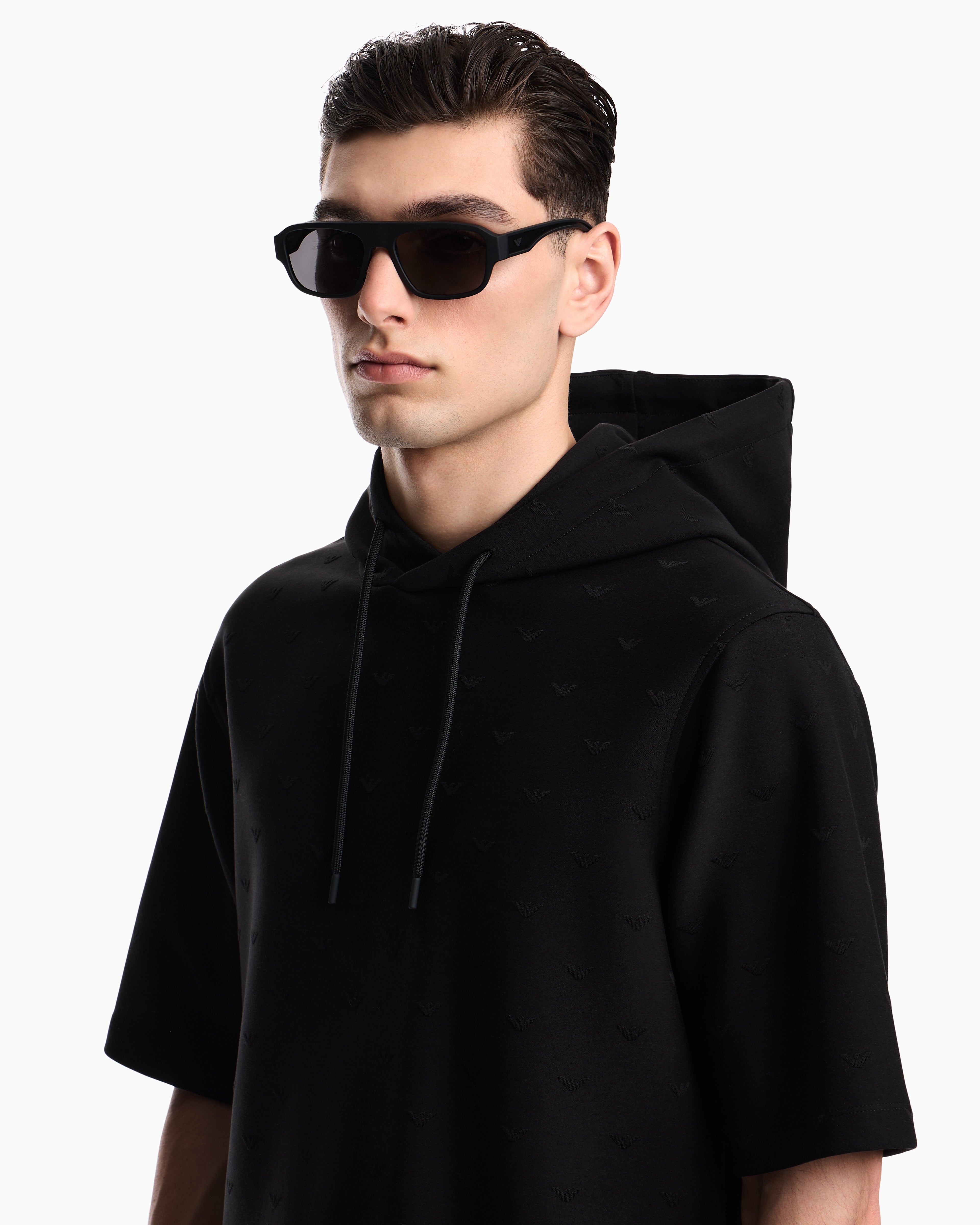 Emporio Armani Jacquard jersey hooded sweatshirt with all-over micro eagle