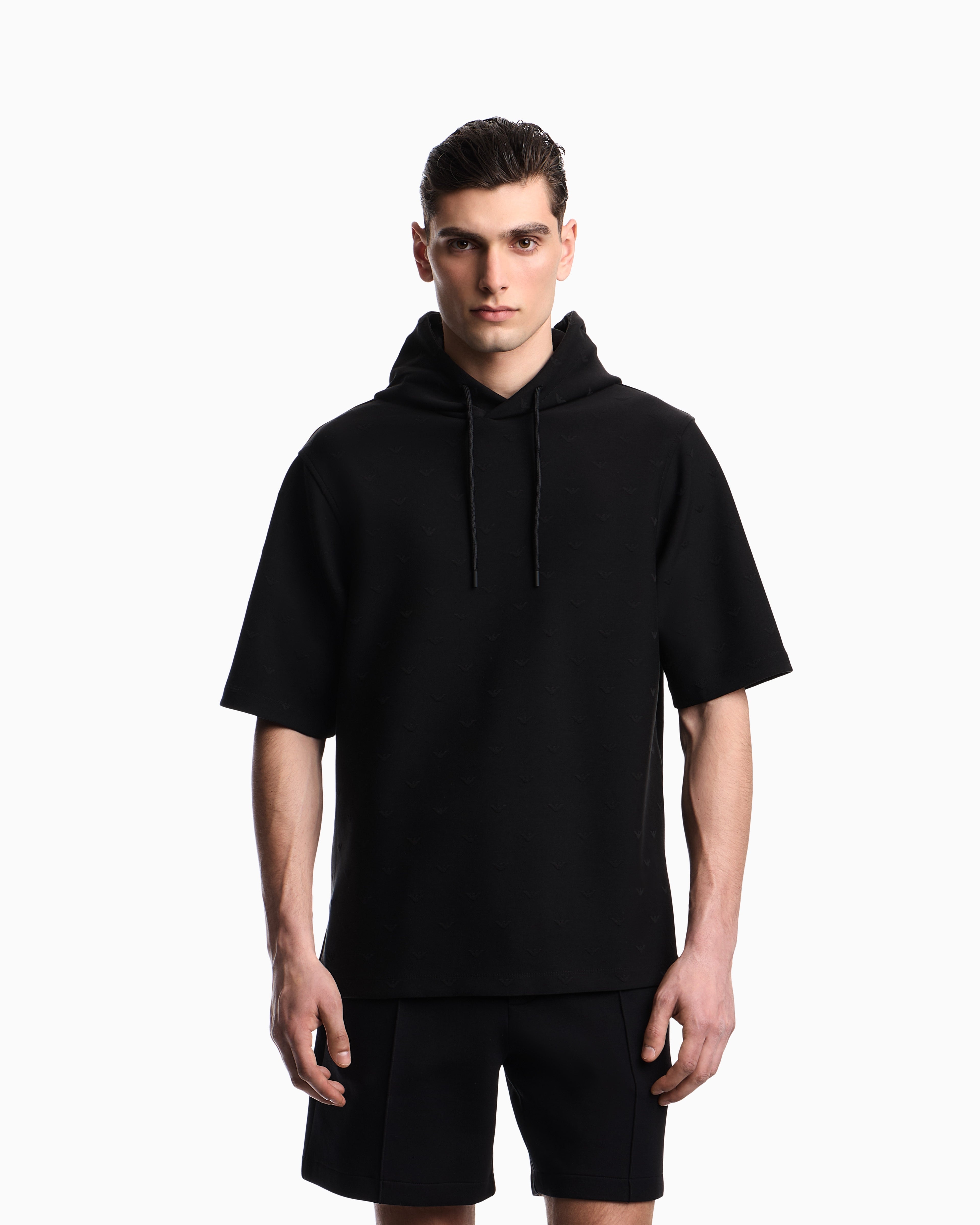 Emporio Armani Jacquard jersey hooded sweatshirt with all-over micro eagle