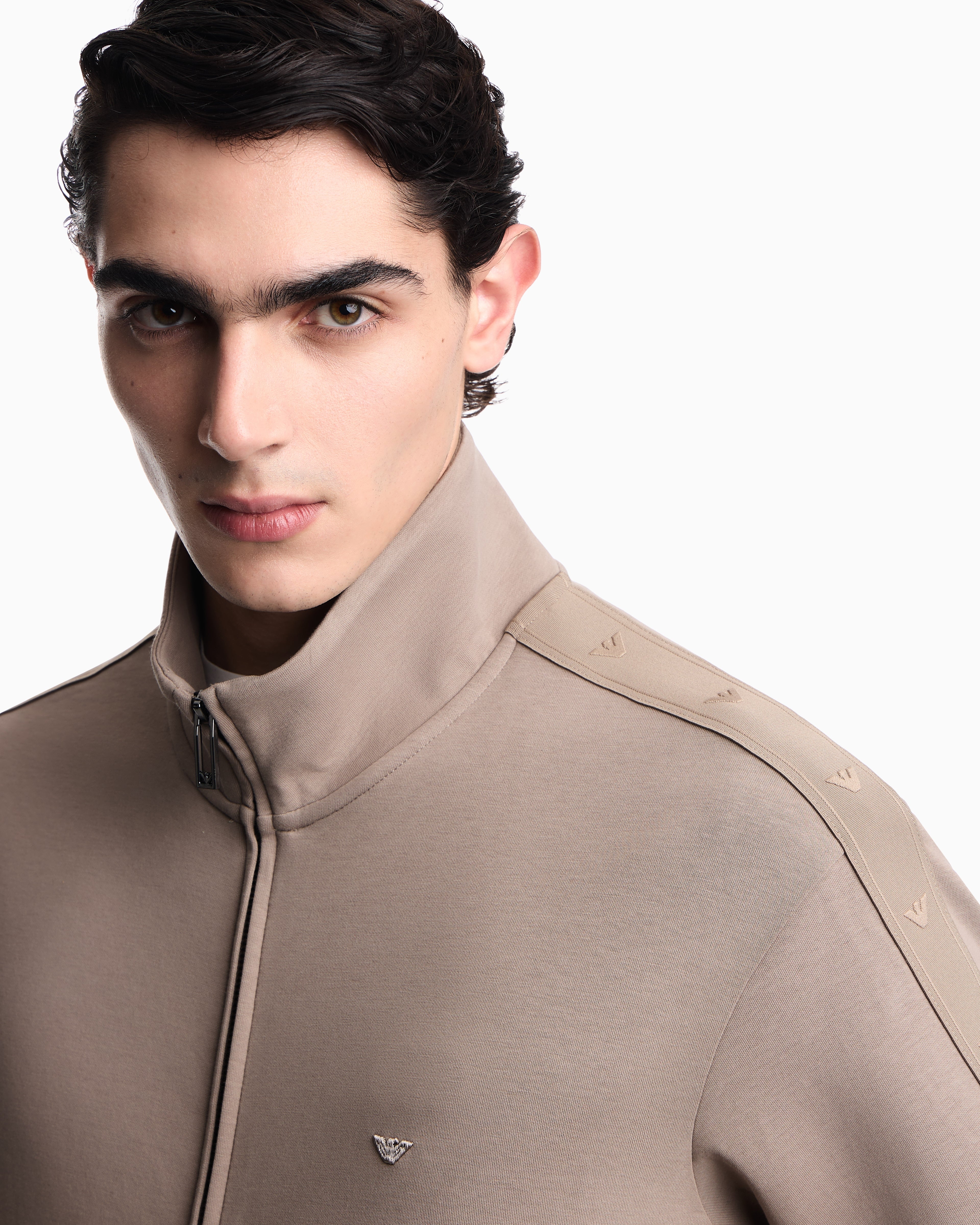 Emporio Armani Full-zip sweatshirt in double jersey with micro-eagle band