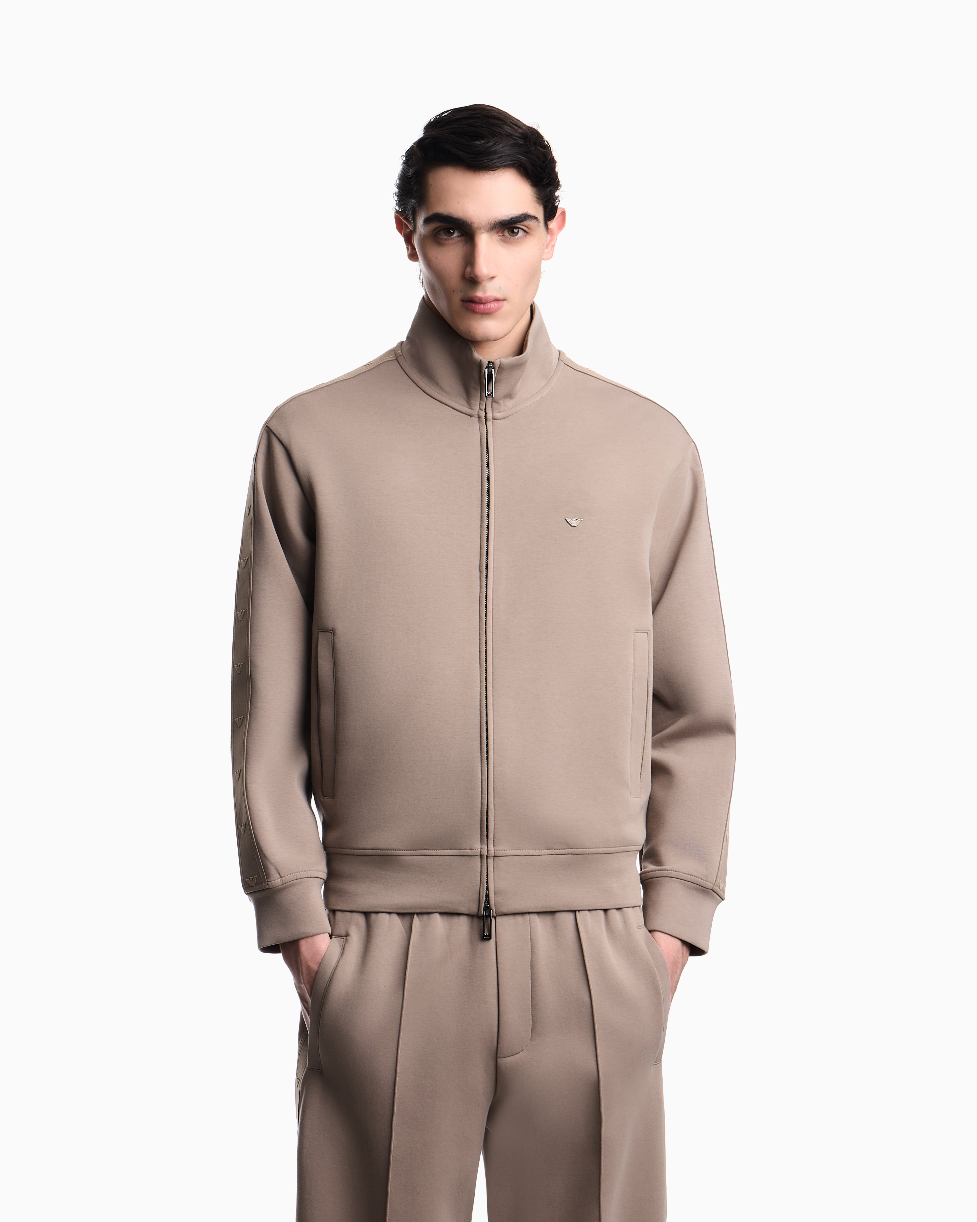 Emporio Armani Full-zip sweatshirt in double jersey with micro-eagle band