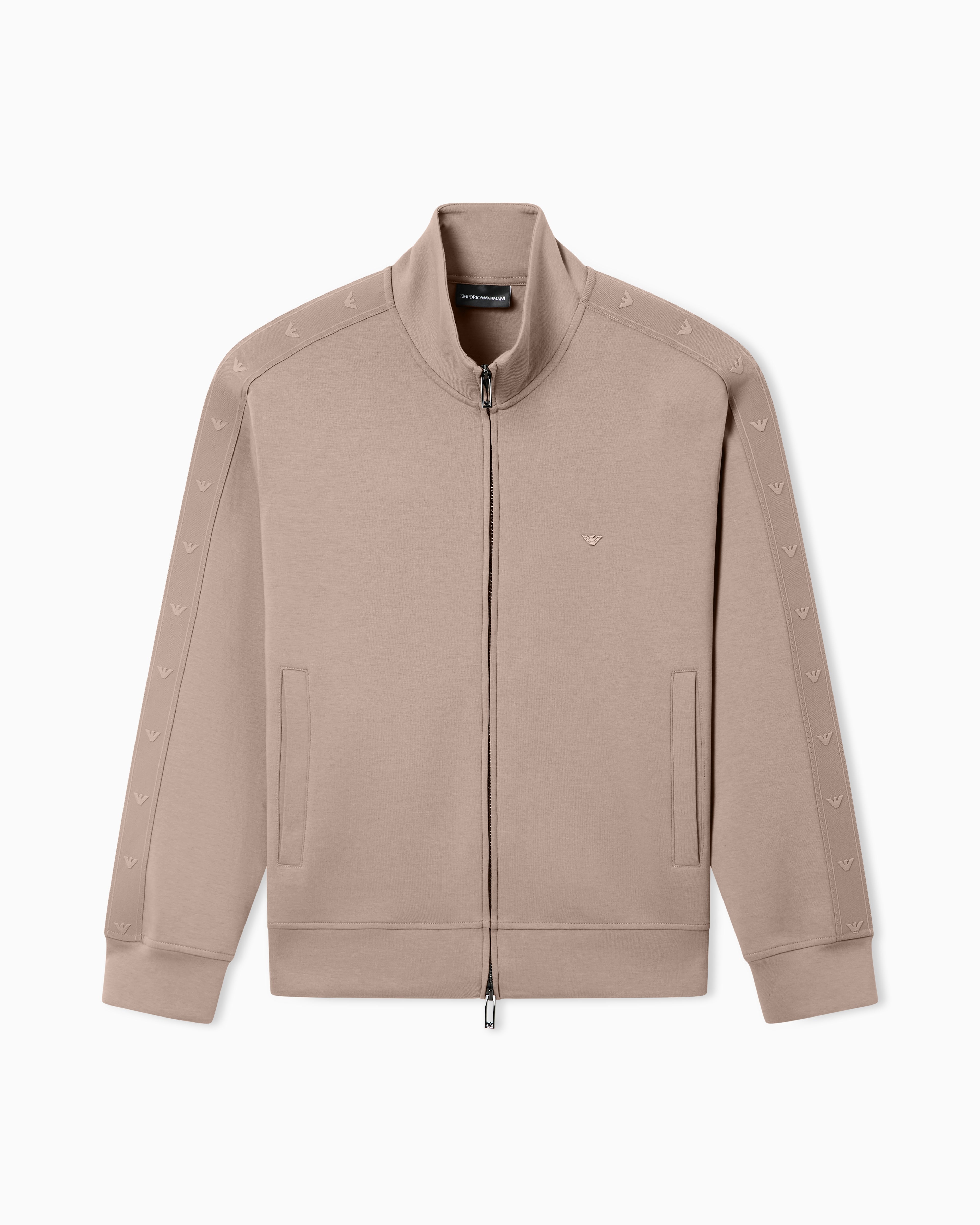 Emporio Armani Full-zip sweatshirt in double jersey with micro-eagle band