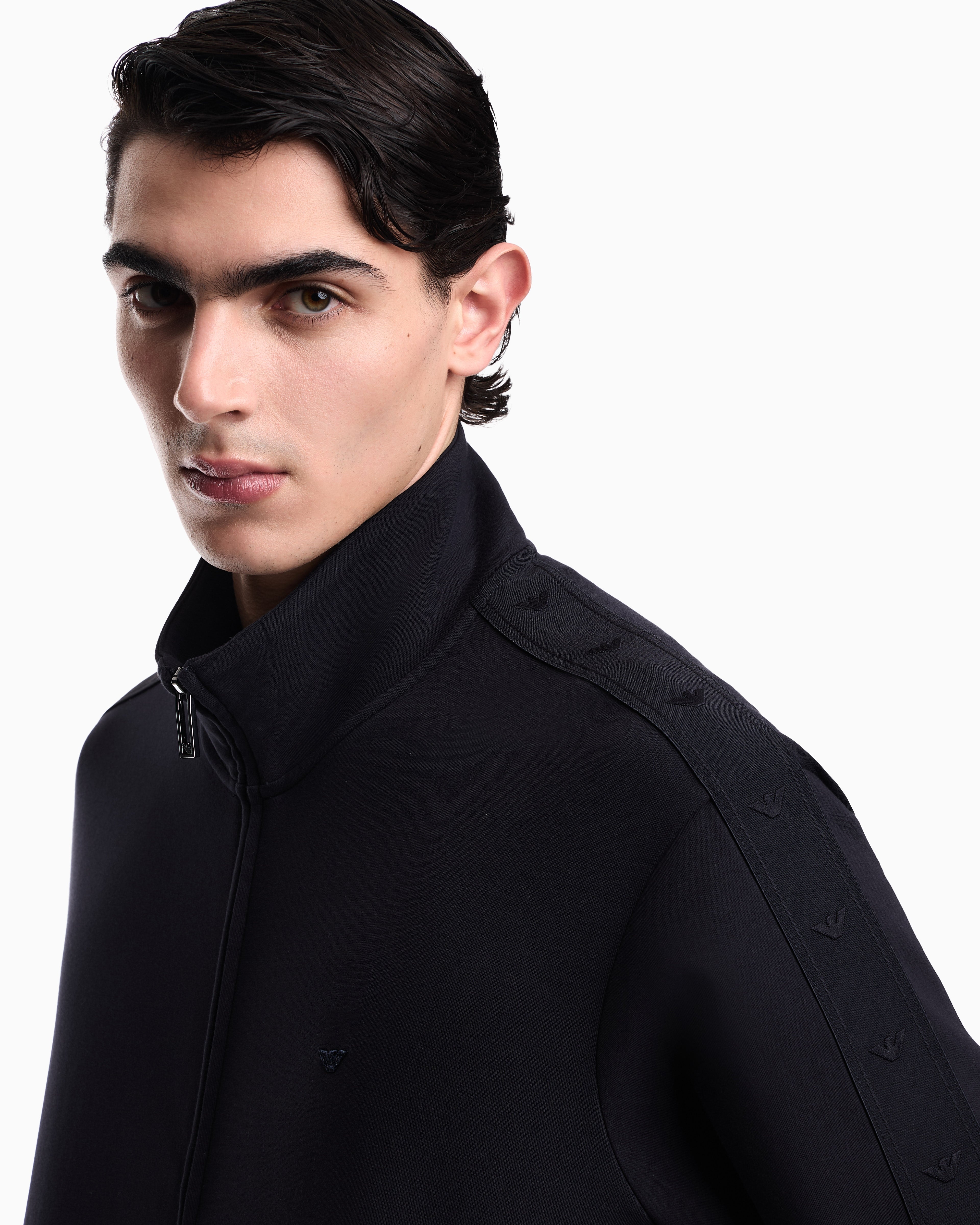 Emporio Armani Full-zip sweatshirt in double jersey with micro-eagle band