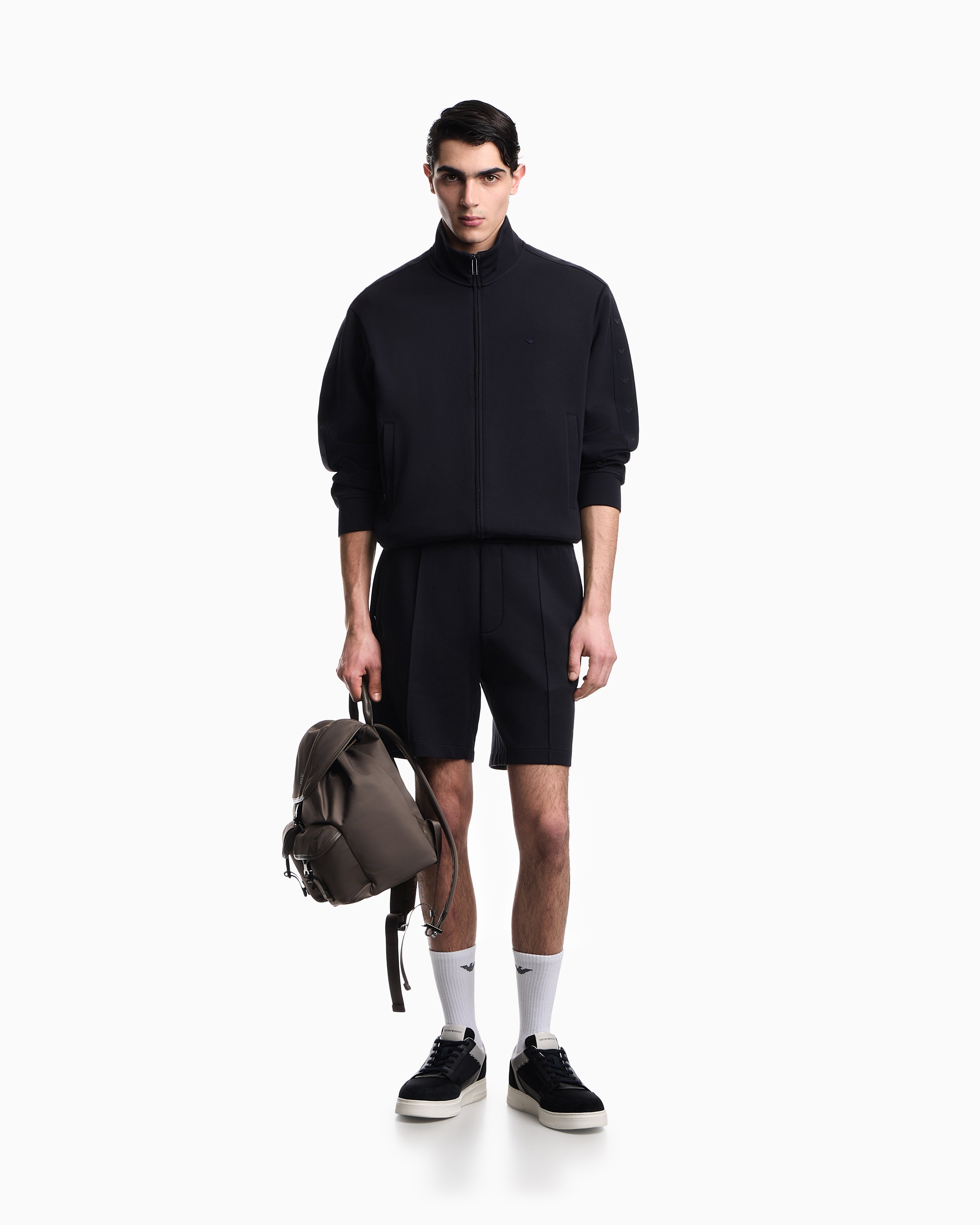 Emporio Armani Full-zip sweatshirt in double jersey with micro-eagle band