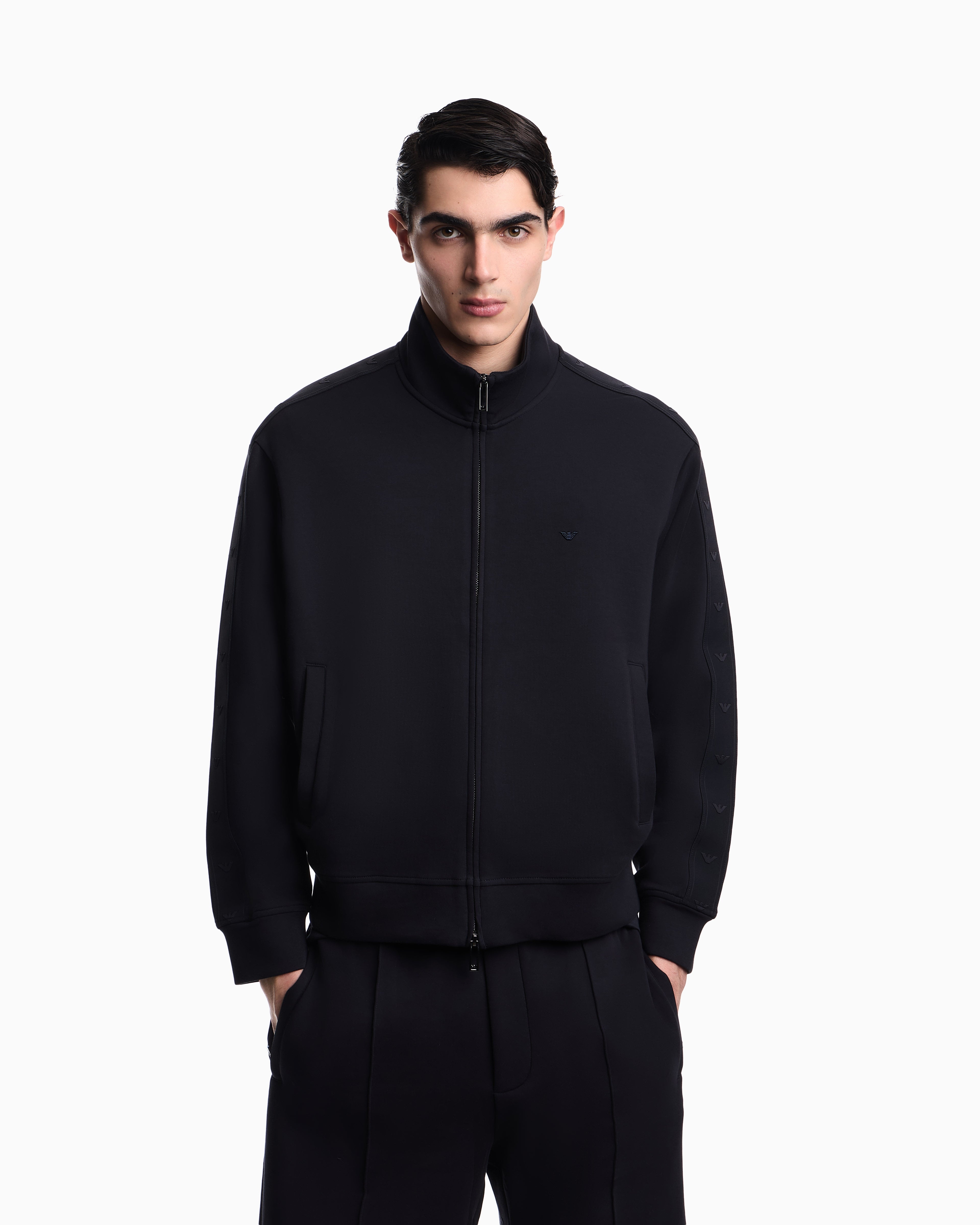 Emporio Armani Full-zip sweatshirt in double jersey with micro-eagle band
