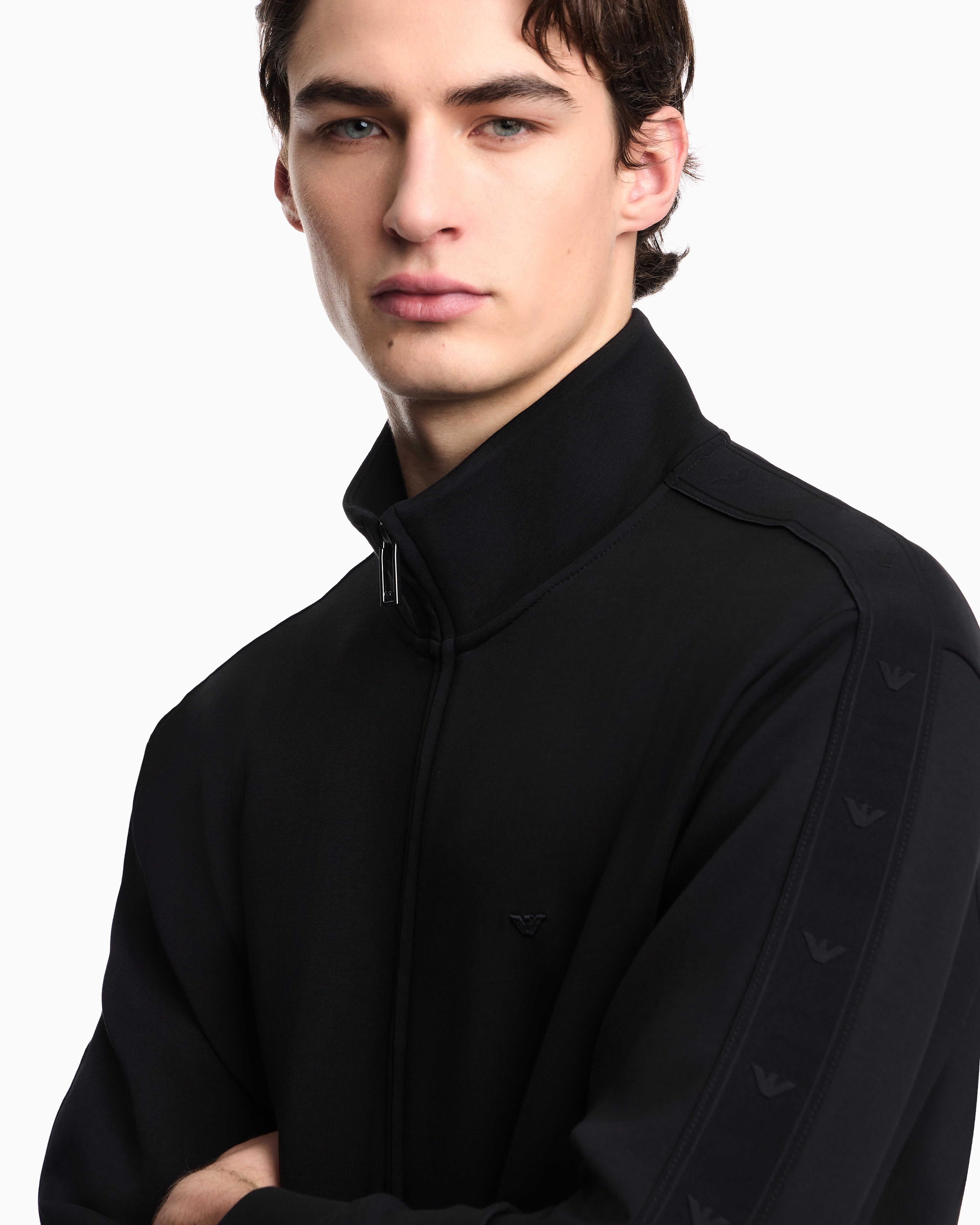 Emporio Armani Full-zip sweatshirt in double jersey with micro-eagle band