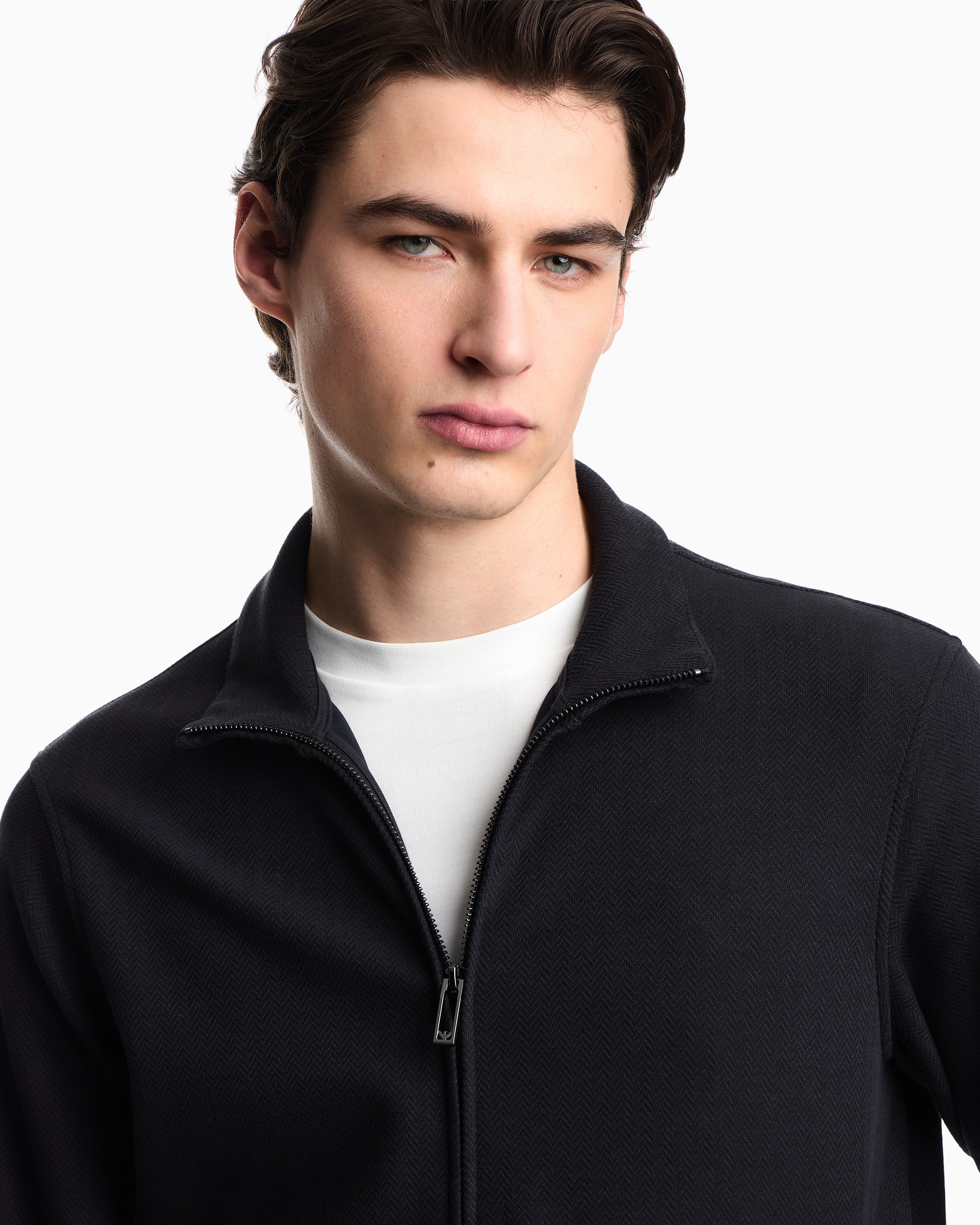 Emporio Armani Full-zip sweatshirt in a Lyocell-blend jacquard interlock jersey